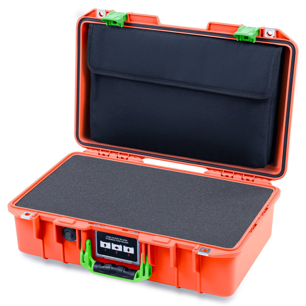 Pelican 1485 Air Case, Orange with Lime Green Latches Pick &amp; Pluck Foam with Computer Pouch ColorCase 014850-0201-150-301