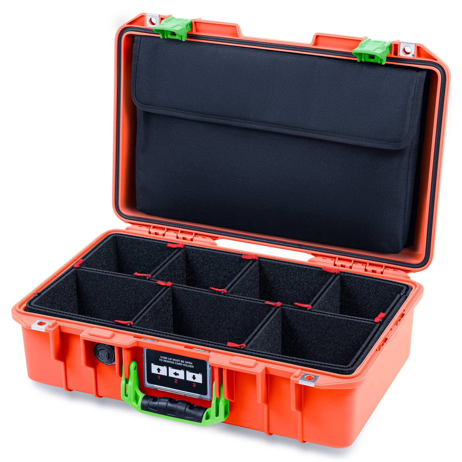 Pelican 1485 Air Case, Orange with Lime Green Latches TrekPak Divider System with Computer Pouch ColorCase 014850-0220-150-301