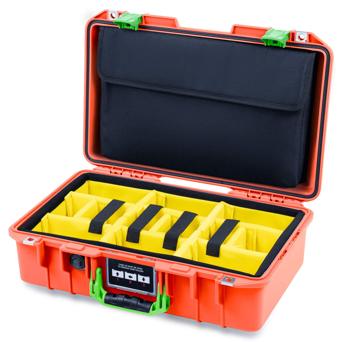 Pelican 1485 Air Case, Orange with Lime Green Latches Yellow Padded Microfiber Dividers with Computer Pouch ColorCase 014850-0210-150-301