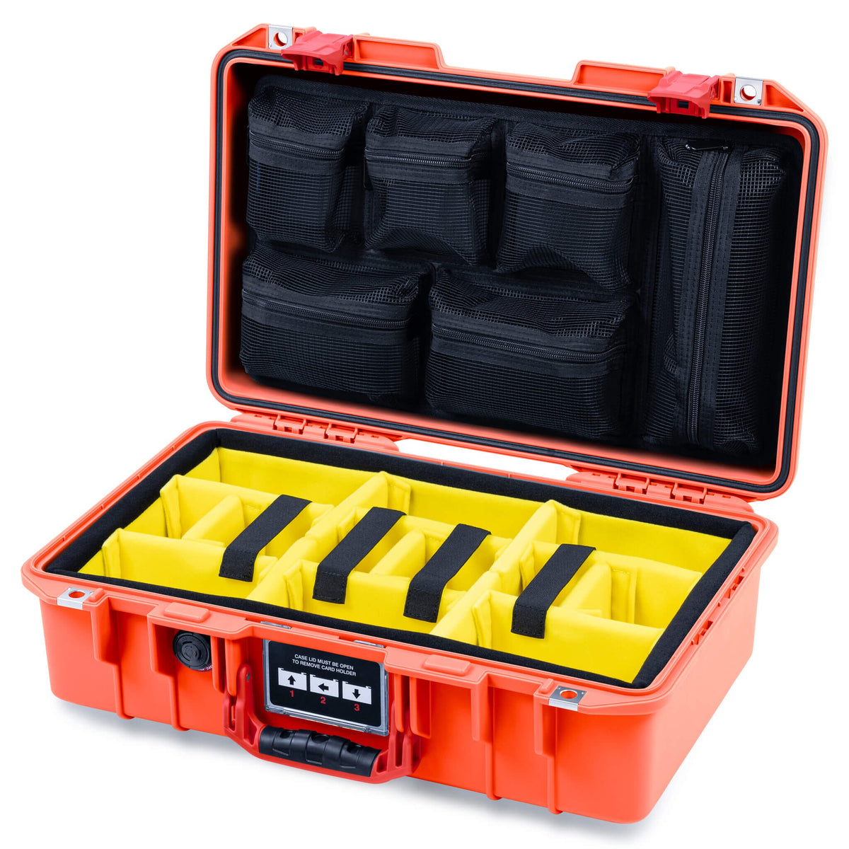 Pelican 1485 Air Case, Orange with Red Handle &amp; Latches Yellow Padded Microfiber Dividers with Mesh Lid Organizer ColorCase 014850-0110-150-321