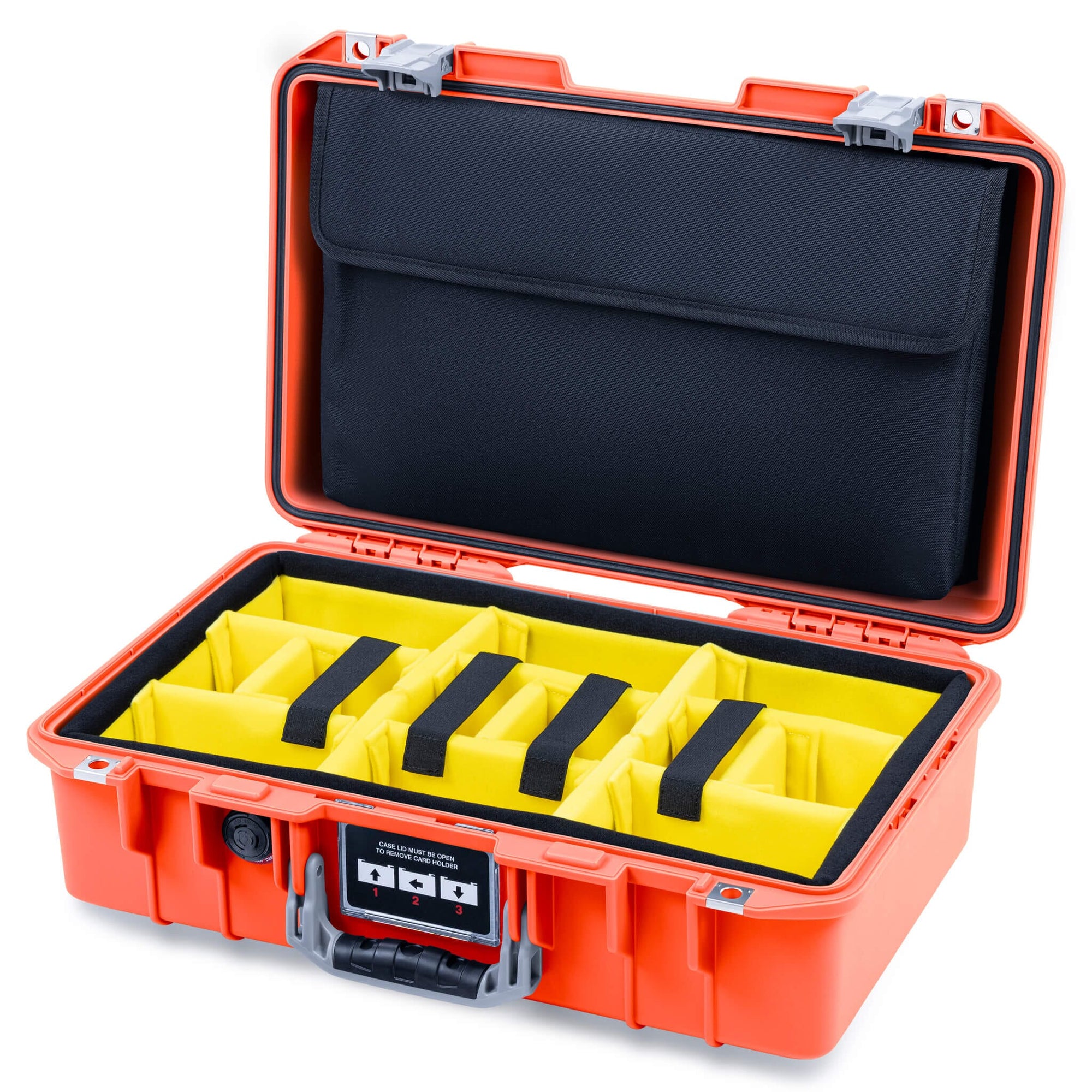 Pelican 1485 Air Case, Orange with Silver Latches Yellow Padded Microfiber Dividers with Computer Pouch ColorCase 014850-0210-150-181