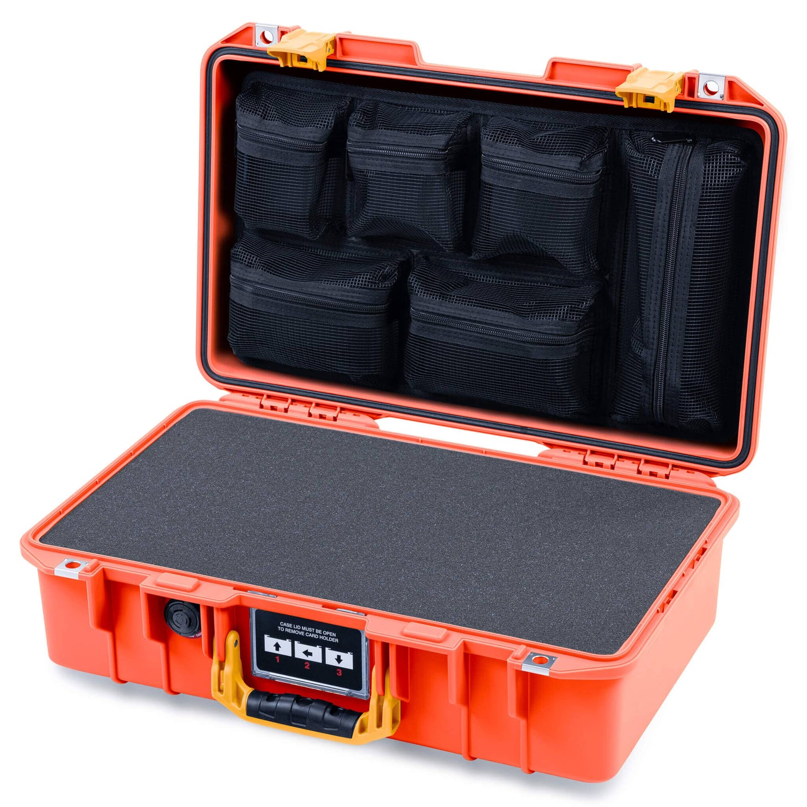 Pelican 1485 Air Case, Orange with Yellow Handle & Latches Pick & Pluck Foam with Mesh Lid Organizer ColorCase 014850-0101-150-241