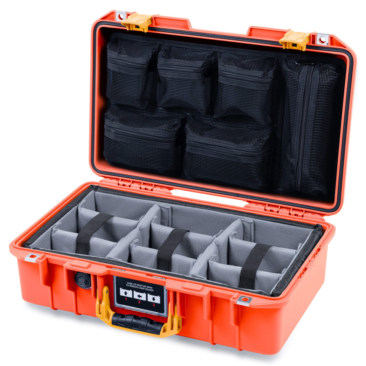 Pelican 1485 Air Case, Orange with Yellow Handle &amp; Latches Gray Padded Microfiber Dividers with Mesh Lid Organizer ColorCase 014850-0170-150-241
