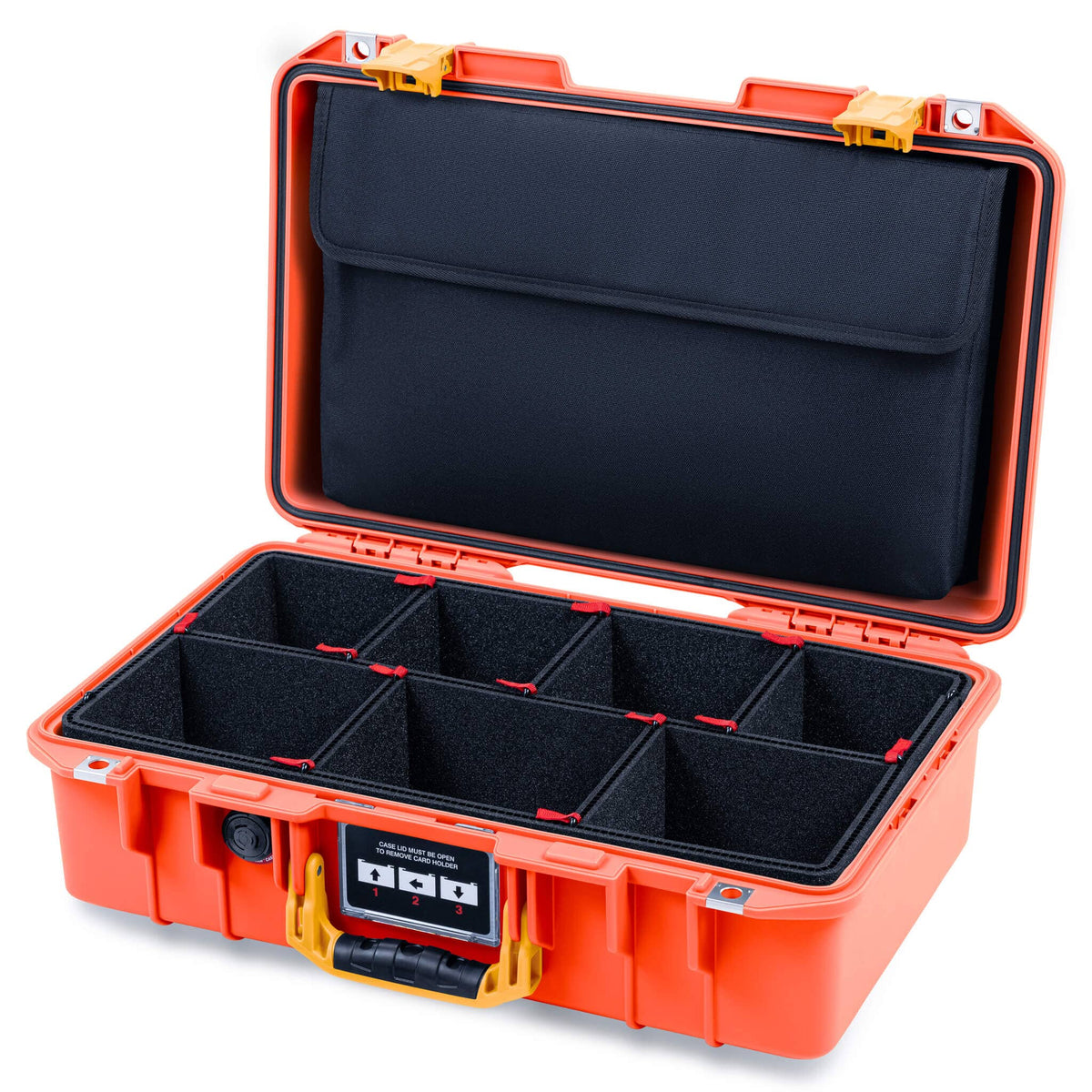 Pelican 1485 Air Case, Orange with Yellow Handle &amp; Latches TrekPak Divider System with Laptop Computer Lid Pouch ColorCase 014850-0220-150-241