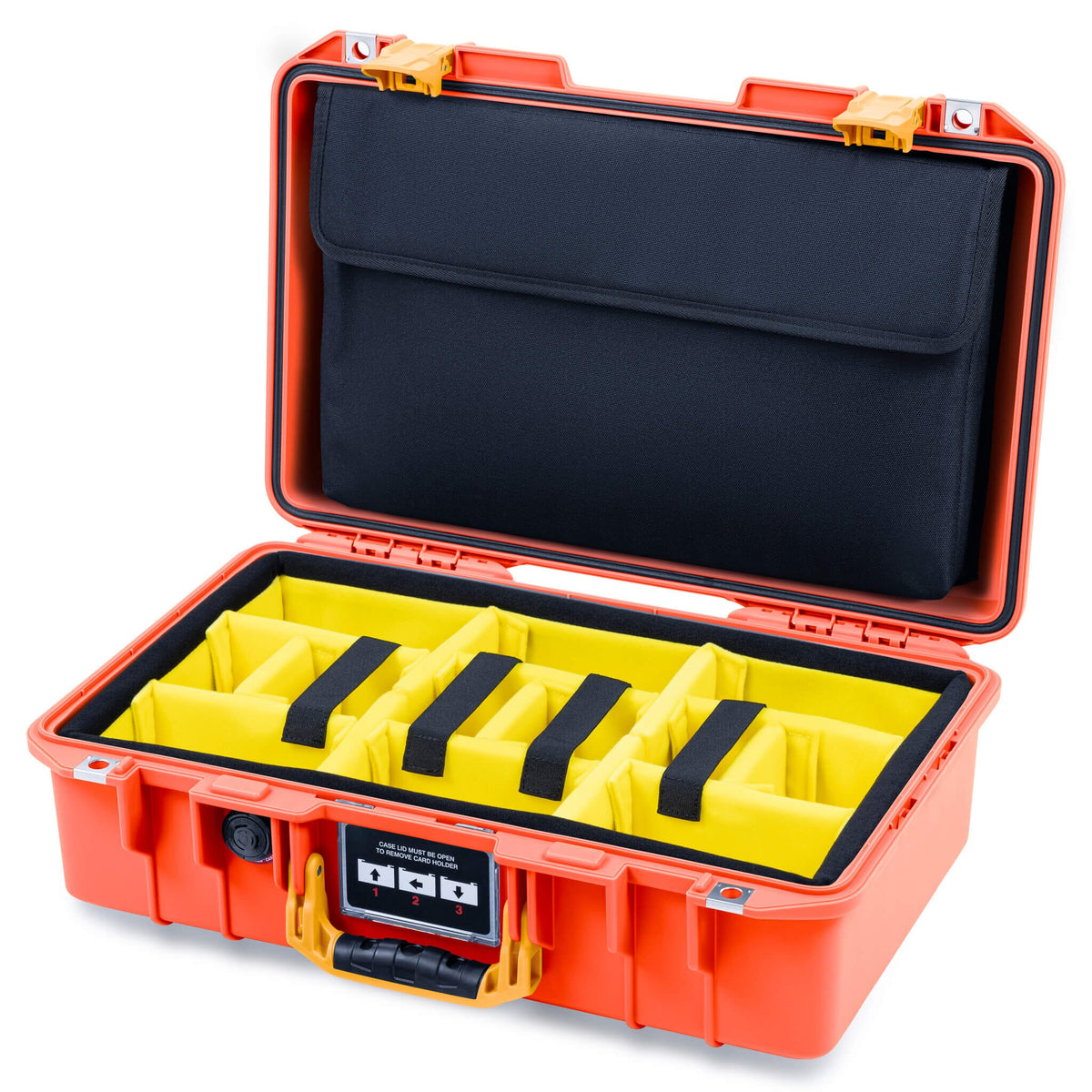 Pelican 1485 Air Case, Orange with Yellow Handle &amp; Latches Yellow Padded Microfiber Dividers with Laptop Computer Lid Pouch ColorCase 014850-0210-150-241