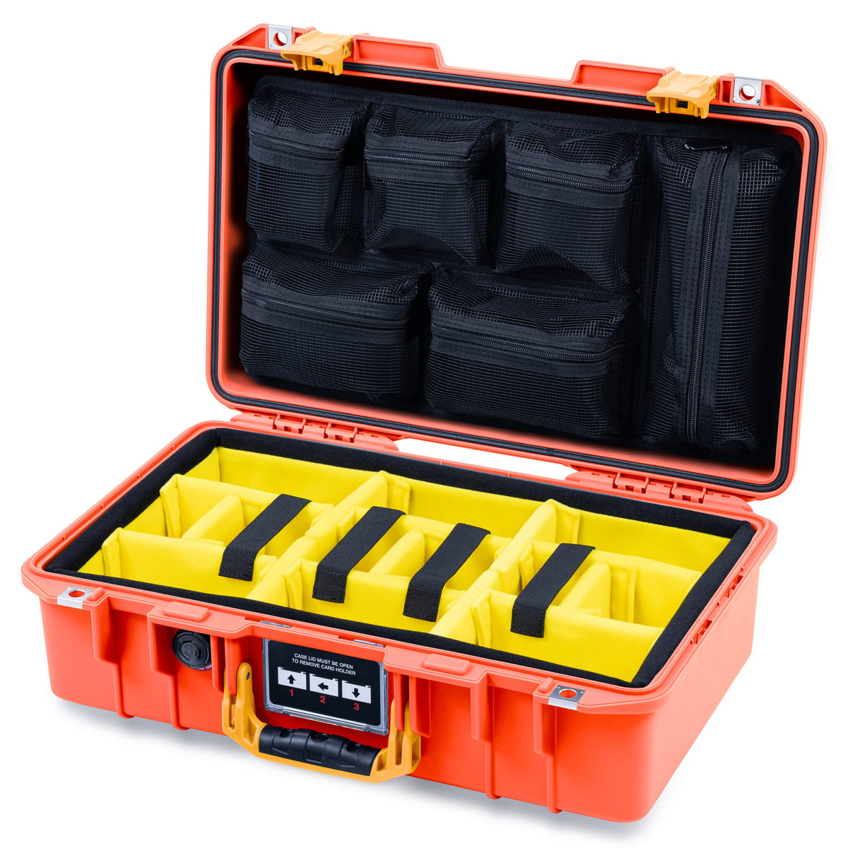 Pelican 1485 Air Case, Orange with Yellow Handle &amp; Latches Yellow Padded Microfiber Dividers with Mesh Lid Organizer ColorCase 014850-0110-150-241