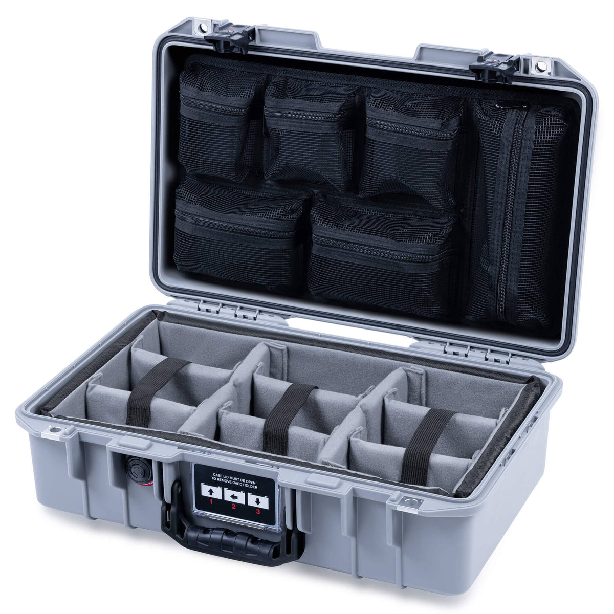 Pelican 1485 Air Case, Silver with Black Handle &amp; TSA Locking Latches Gray Padded Microfiber Dividers with Mesh Lid Organizer ColorCase 014850-0170-180-L10