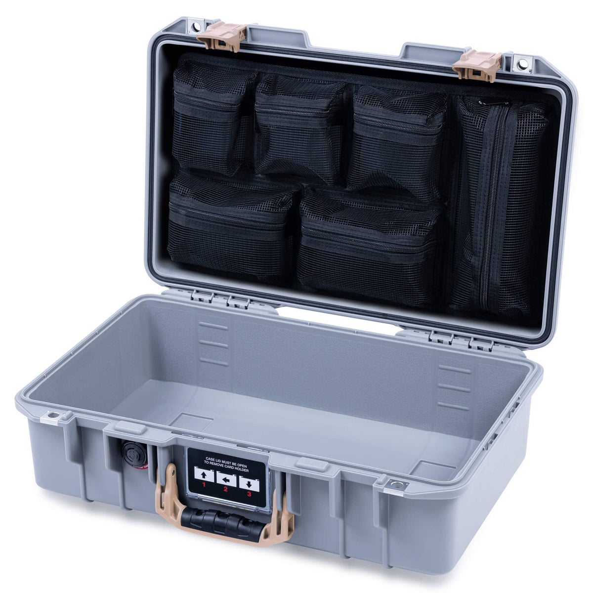Pelican 1485 Air Case, Silver with Desert Tan Handle &amp; Latches Mesh Lid Organizer Only ColorCase 014850-0100-180-311