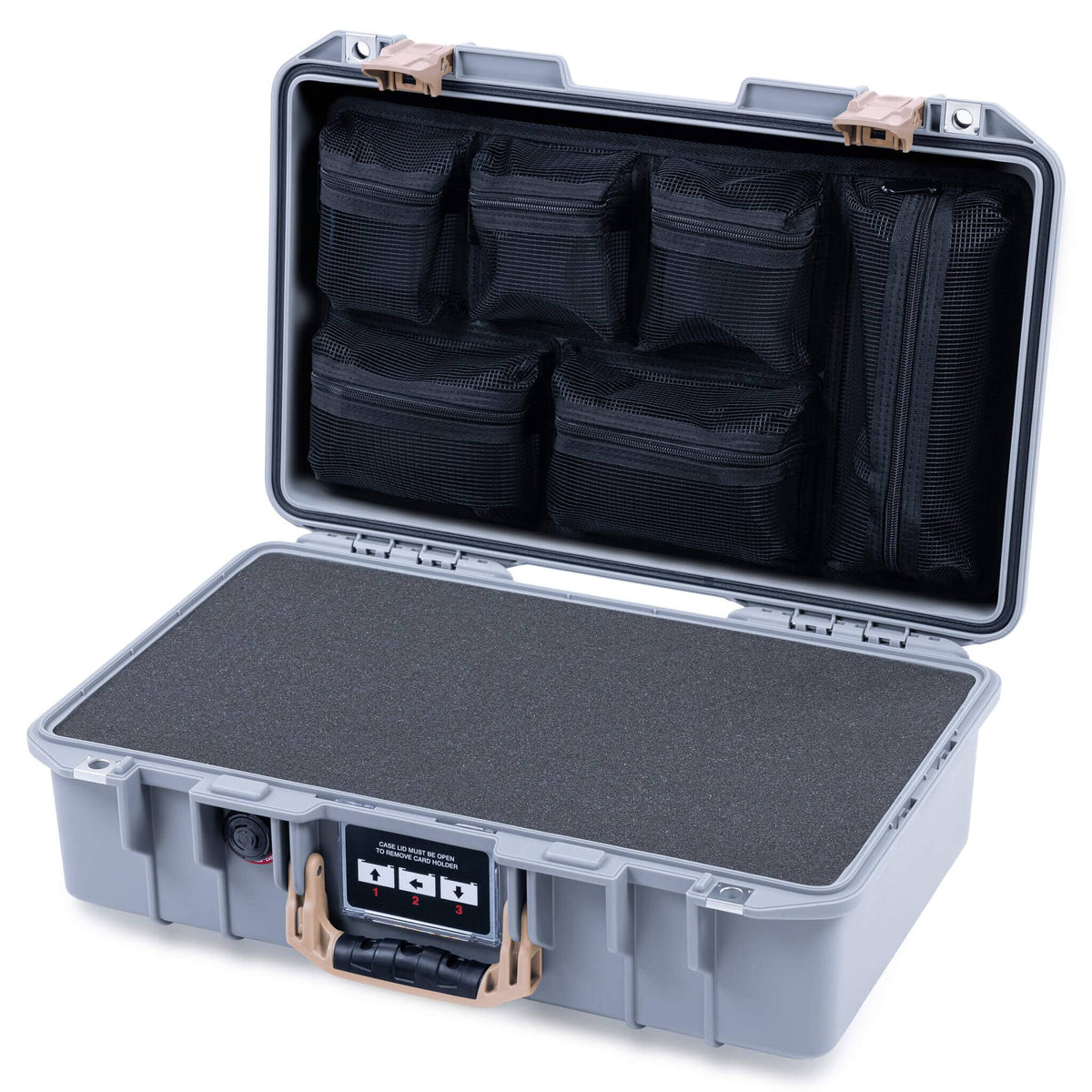 Pelican 1485 Air Case, Silver with Desert Tan Handle &amp; Latches Pick &amp; Pluck Foam with Mesh Lid Organizer ColorCase 014850-0101-180-311