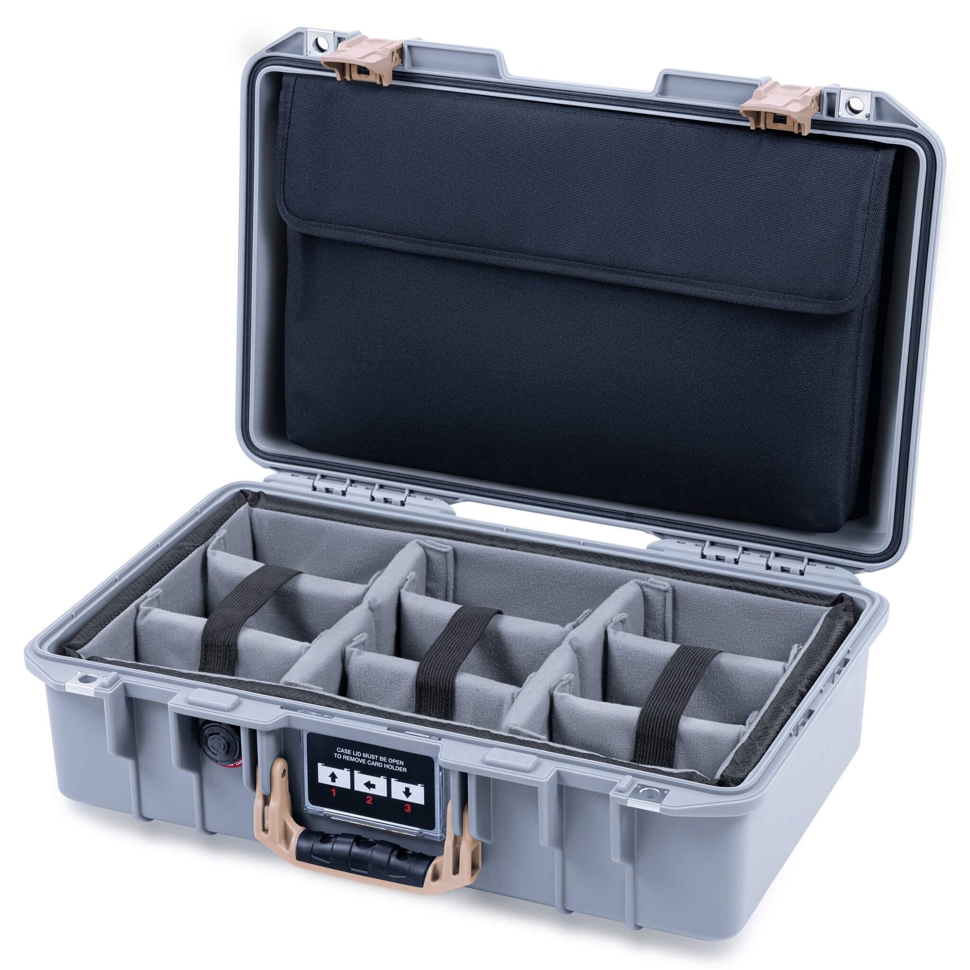 Pelican 1485 Air Case, Silver with Desert Tan Handle & Latches Gray Padded Microfiber Dividers with Laptop Computer Lid Pouch ColorCase 014850-0270-180-311