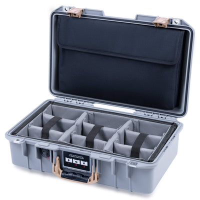 Pelican 1485 Air Case, Silver with Desert Tan Handle & Latches Gray Padded Microfiber Dividers with Laptop Computer Lid Pouch ColorCase 014850-0270-180-311