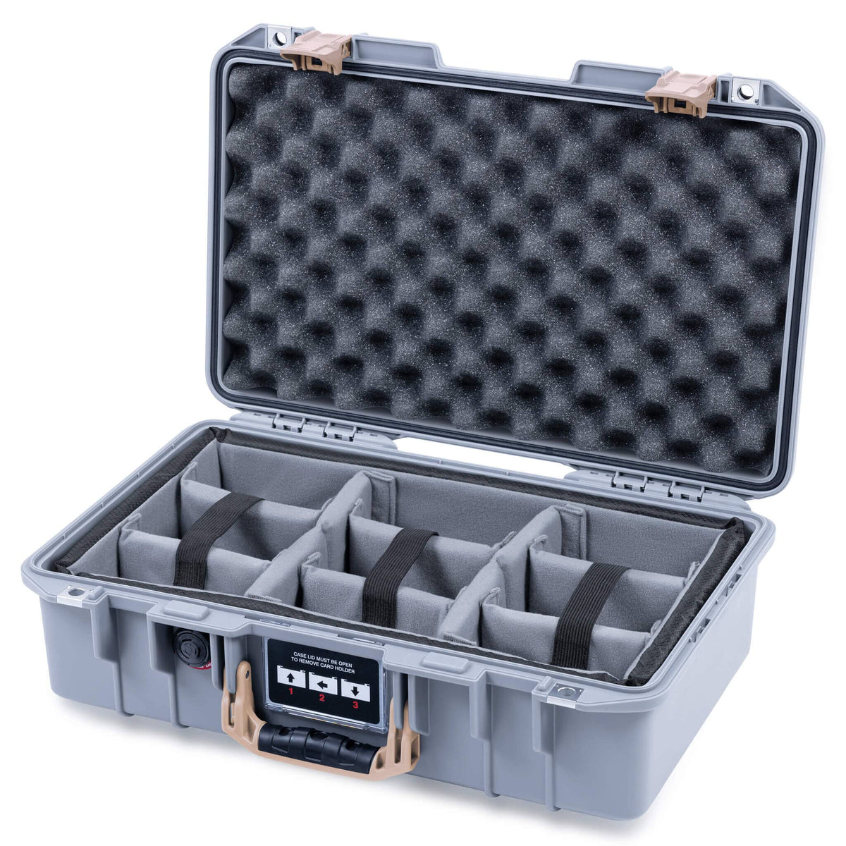 Pelican 1485 Air Case, Silver with Desert Tan Handle &amp; Latches Gray Padded Microfiber Dividers with Convoluted Lid Foam ColorCase 014850-0070-180-311