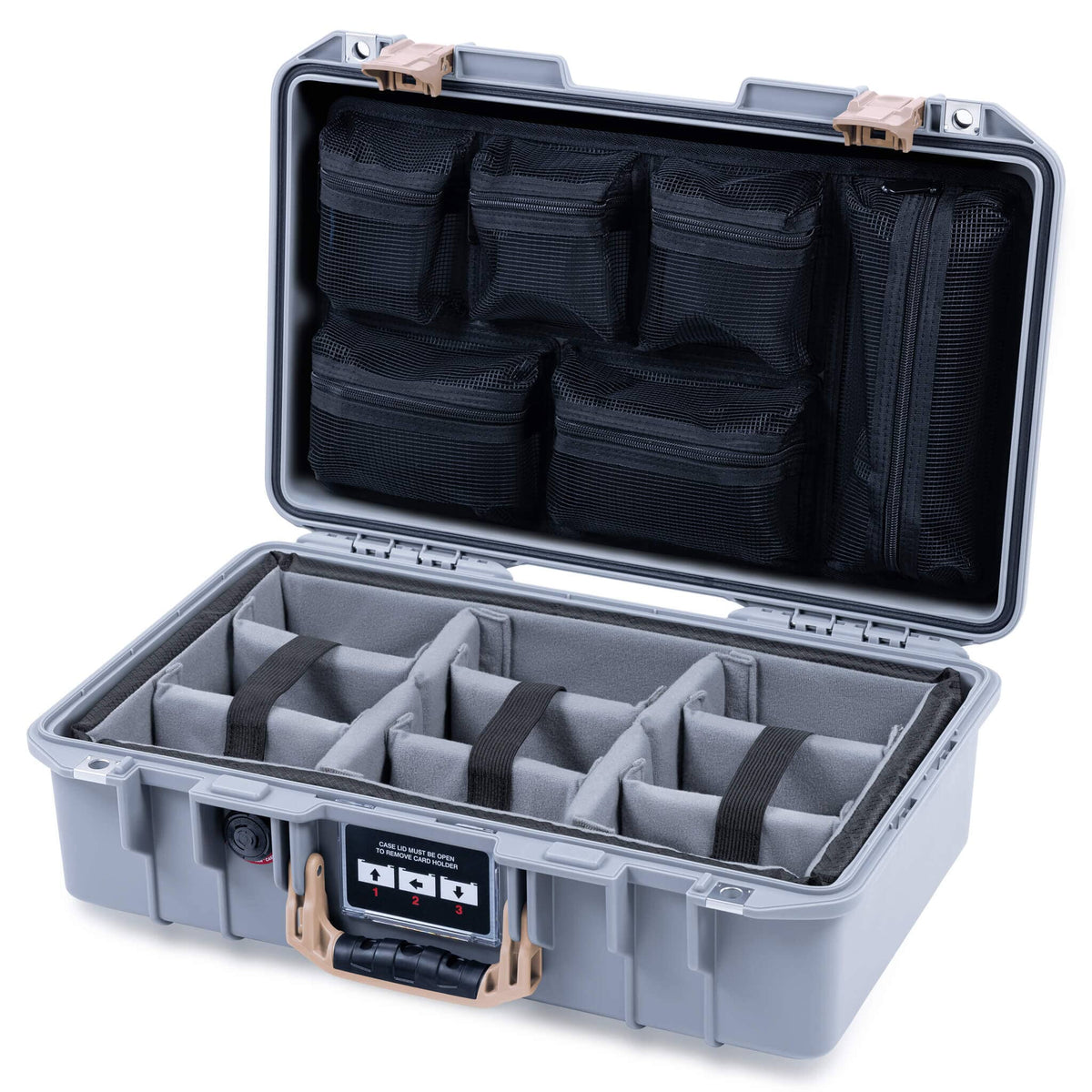 Pelican 1485 Air Case, Silver with Desert Tan Handle &amp; Latches Gray Padded Microfiber Dividers with Mesh Lid Organizer ColorCase 014850-0170-180-311