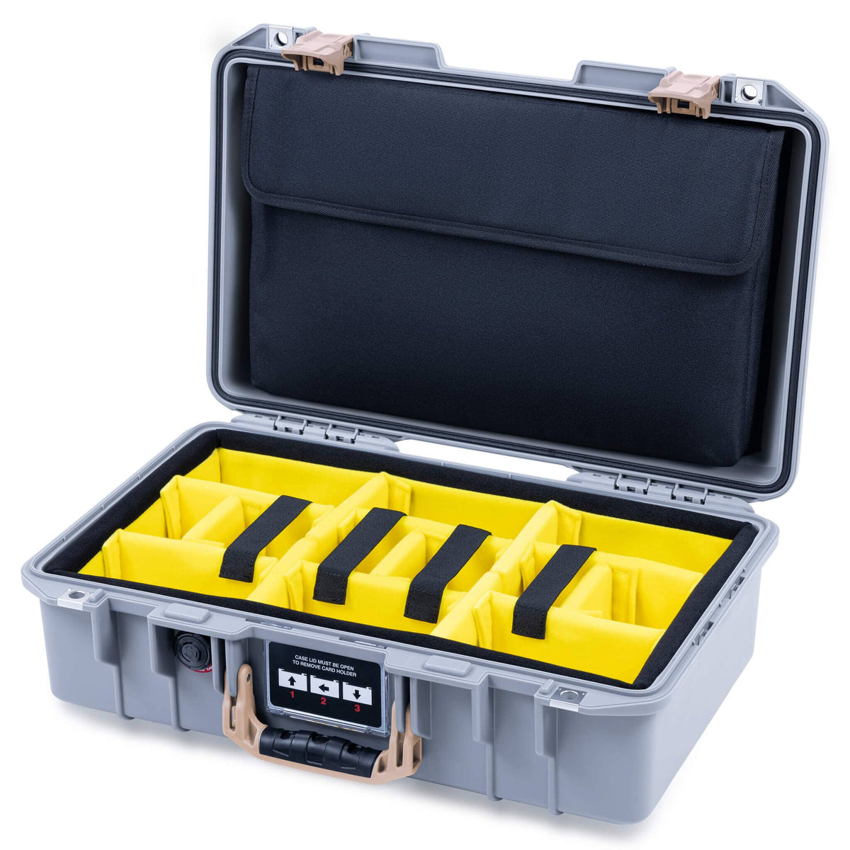 Pelican 1485 Air Case, Silver with Desert Tan Handle &amp; Latches Yellow Padded Microfiber Dividers with Laptop Computer Lid Pouch ColorCase 014850-0210-180-311