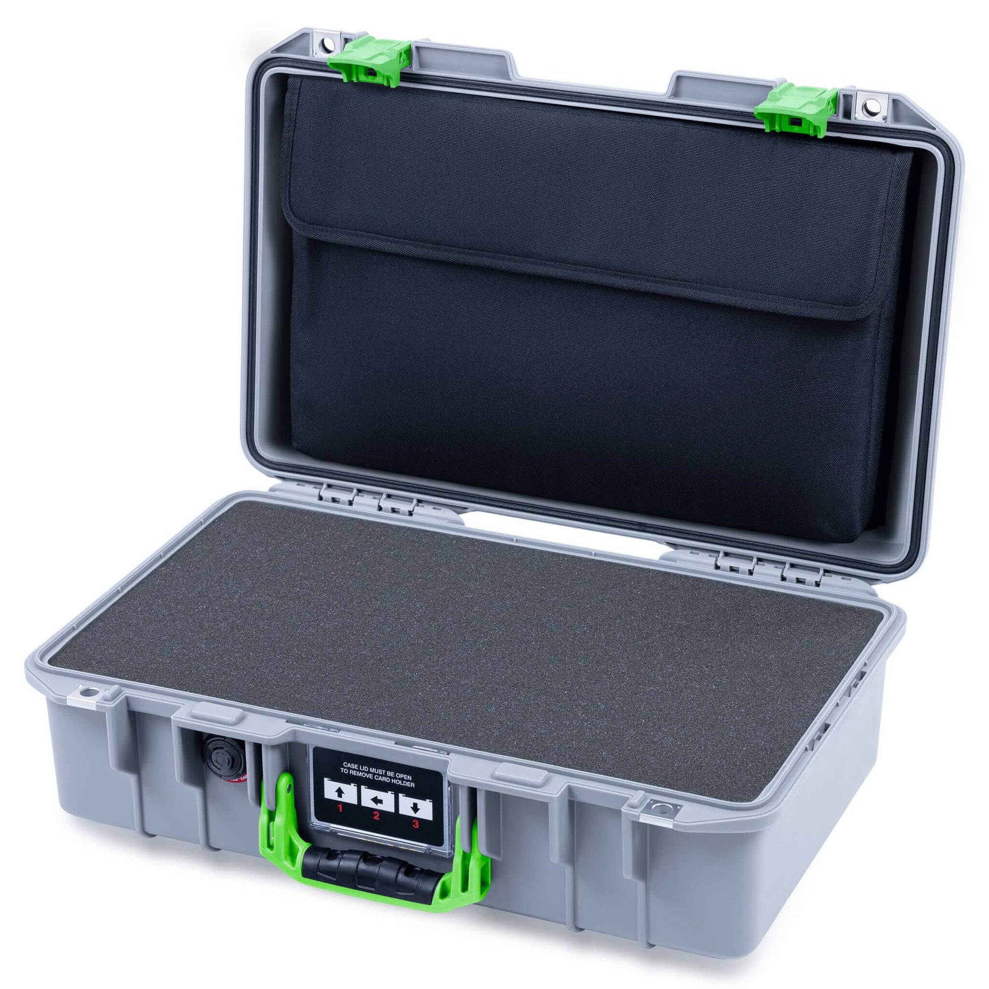 Pelican 1485 Air Case, Silver with Lime Green Latches Pick & Pluck Foam with Computer Pouch ColorCase 014850-0201-180-301