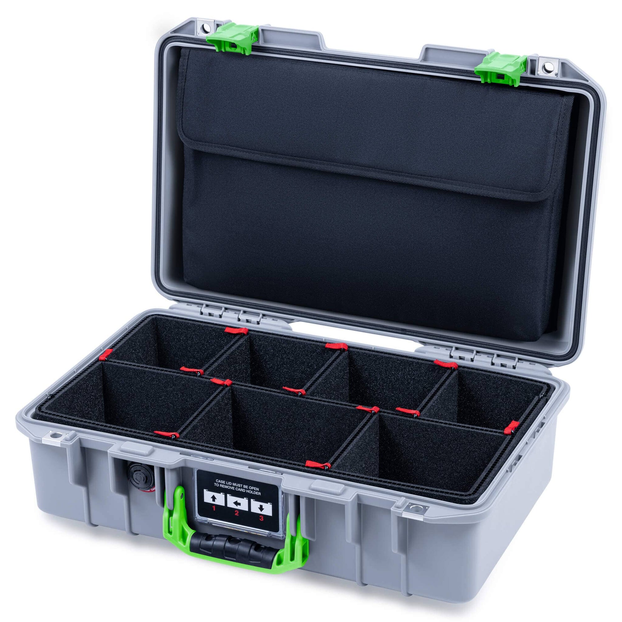 Pelican 1485 Air Case, Silver with Lime Green Latches TrekPak Divider System with Computer Pouch ColorCase 014850-0220-180-301