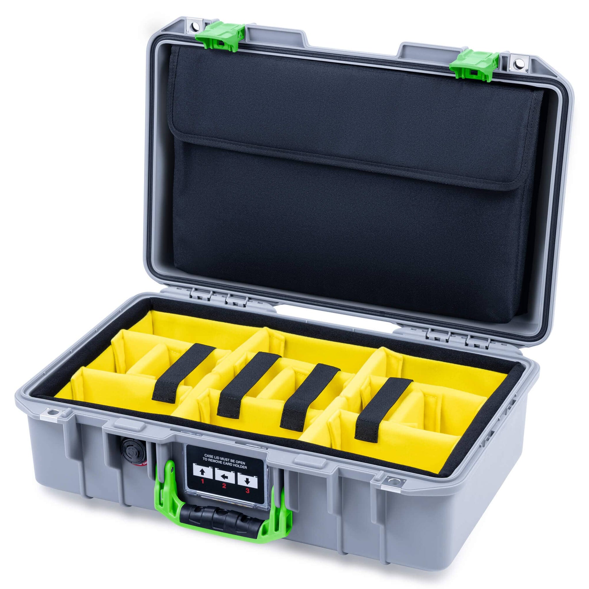 Pelican 1485 Air Case, Silver with Lime Green Latches Yellow Padded Microfiber Dividers with Computer Pouch ColorCase 014850-0210-180-301