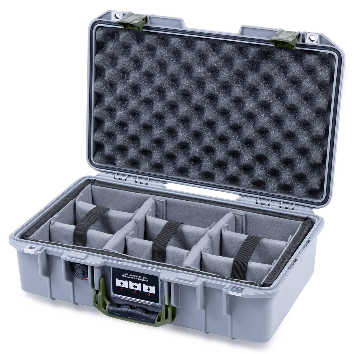 Pelican 1485 Air Case, Silver with OD Green Handle &amp; Latches Gray Padded Microfiber Dividers with Convoluted Lid Foam ColorCase 014850-0070-180-131