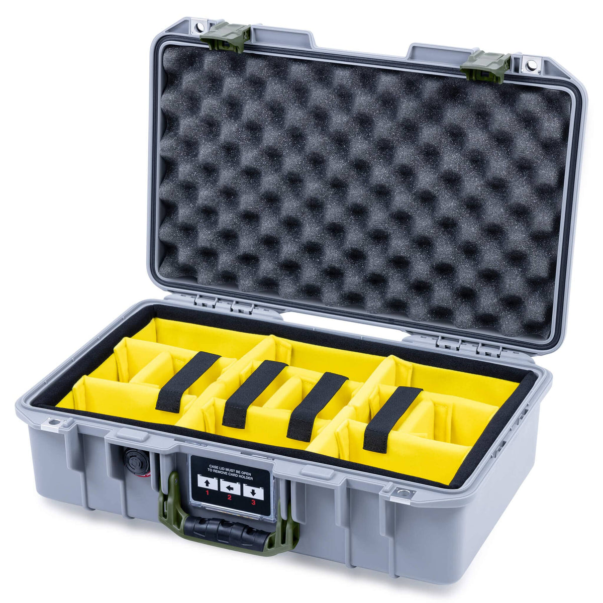 Pelican 1485 Air Case, Silver with OD Green Handle &amp; Latches Yellow Padded Microfiber Dividers with Convoluted Lid Foam ColorCase 014850-0010-180-131