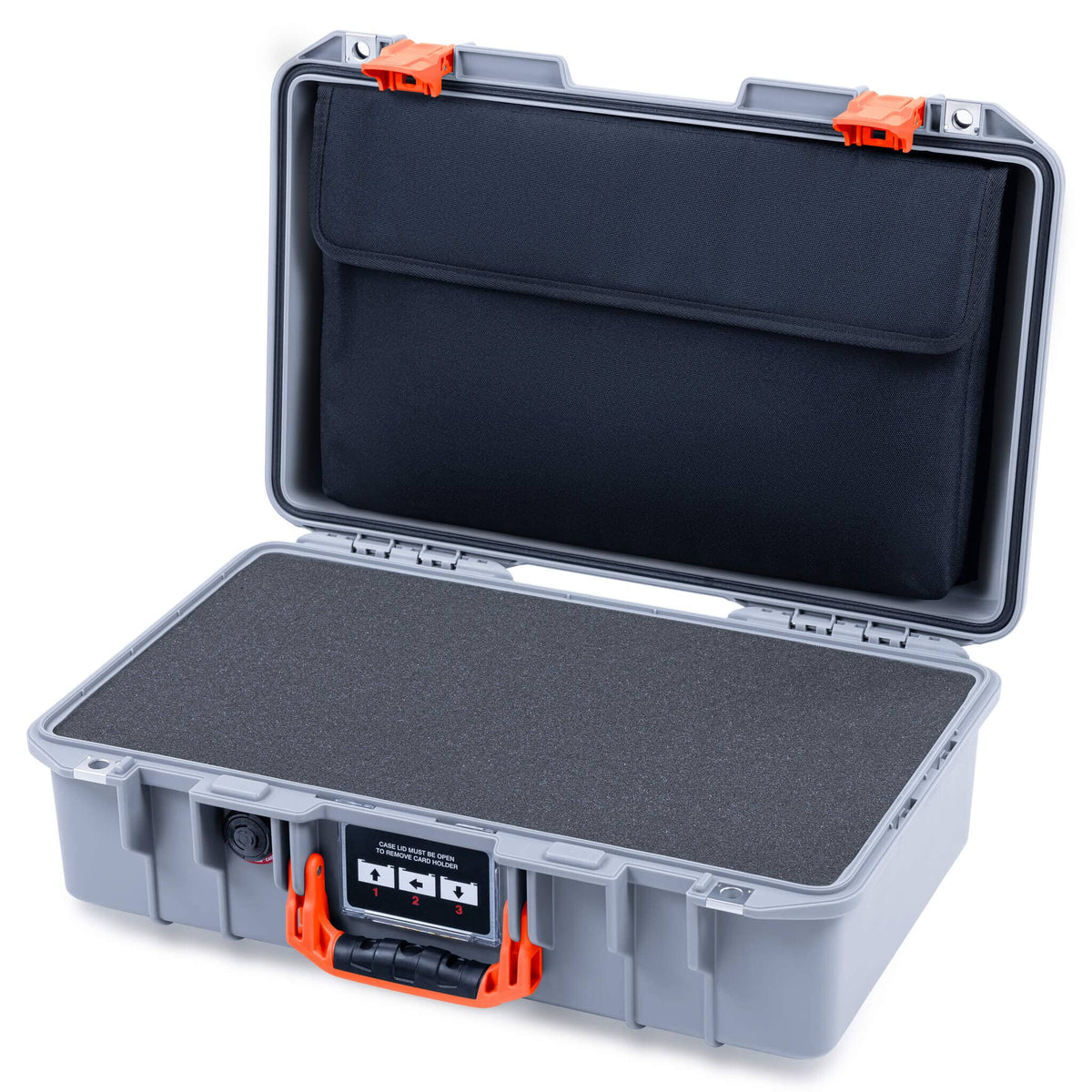 Pelican 1485 Air Case, Silver with Orange Latches Pick &amp; Pluck Foam with Computer Pouch ColorCase 014850-0201-180-151