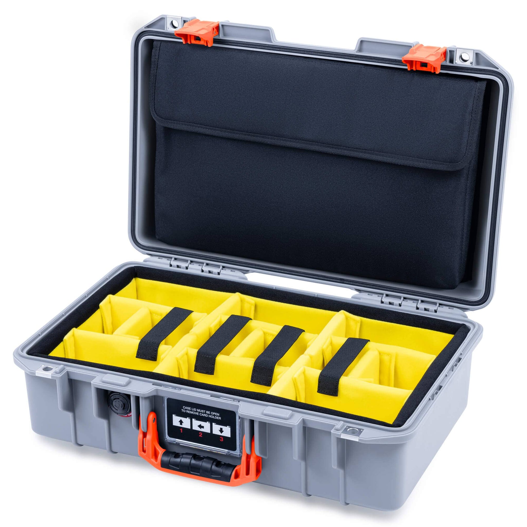 Pelican 1485 Air Case, Silver with Orange Latches Yellow Padded Microfiber Dividers with Computer Pouch ColorCase 014850-0210-180-151