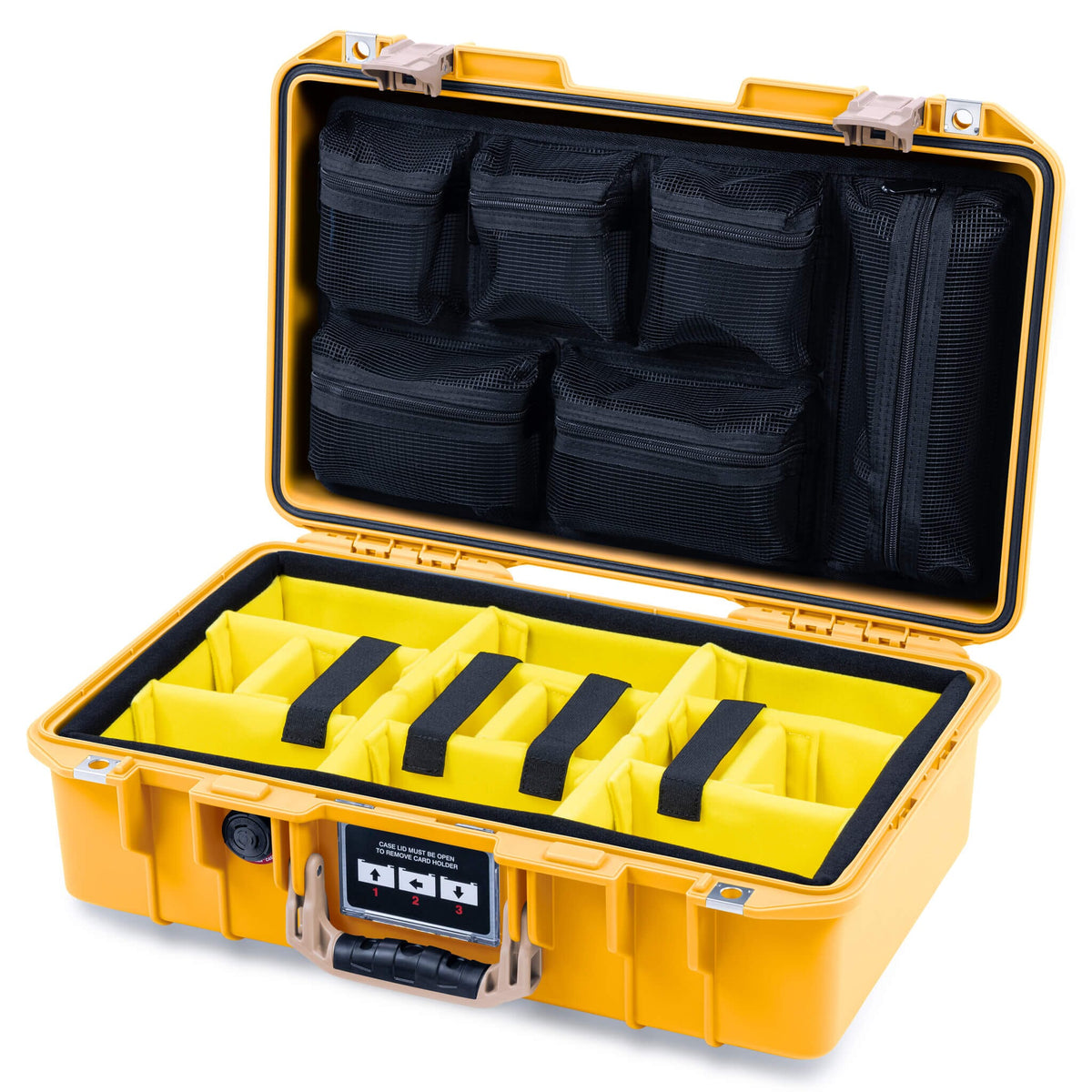 Pelican 1485 Air Case, Yellow with Desert Tan Handle &amp; Latches Yellow Padded Microfiber Dividers with Mesh Lid Organizer ColorCase 014850-0110-240-311