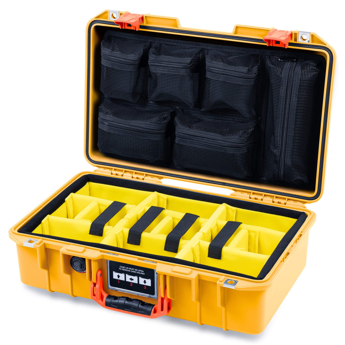 Pelican 1485 Air Case, Yellow with Orange Handle & Latches Yellow Padded Microfiber Dividers with Mesh Lid Organizer ColorCase 014850-0110-240-151