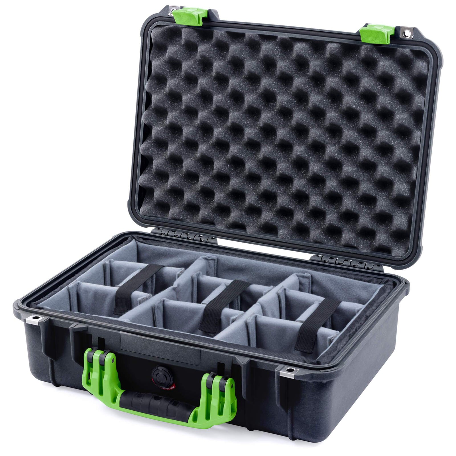 Pelican 1500 Case - Black & Lime Green - Padded Microfiber Dividers / Convolute Lid Foam