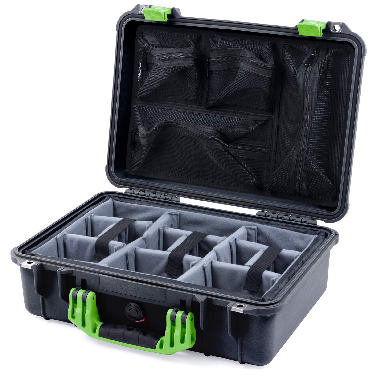 Pelican 1500 Case - Black & Lime Green - Padded Microfiber Dividers / Mesh Lid Organizer