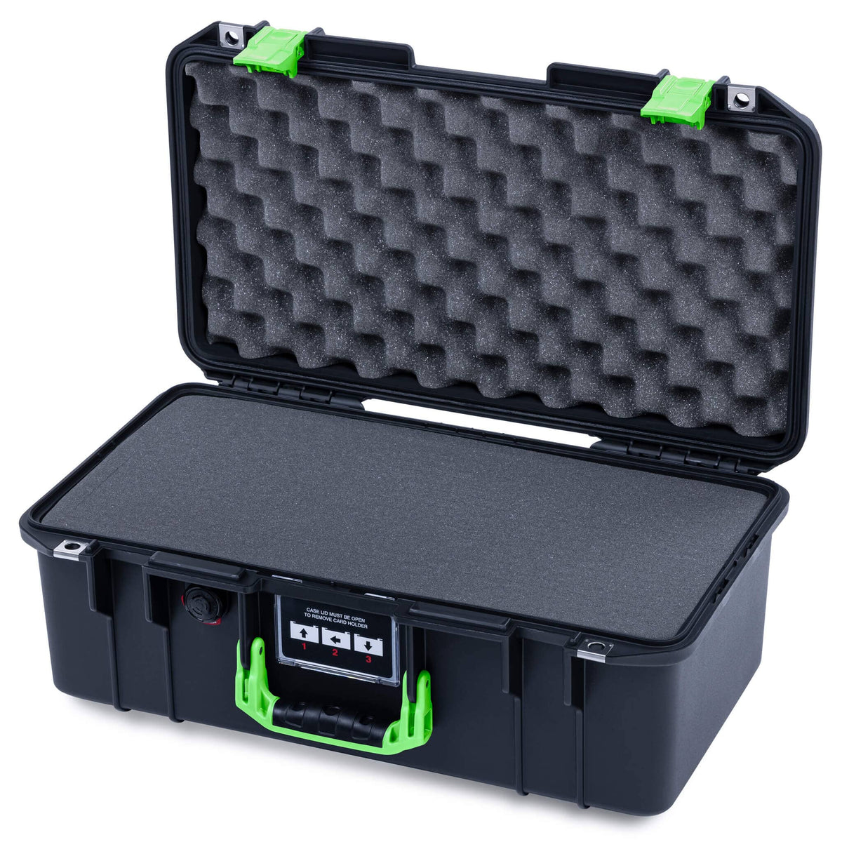 Pelican 1506 Air Case, Black with Lime Green Handles &amp; Latches Pick &amp; Pluck Foam with Convolute Lid Foam ColorCase 015060-0001-110-301