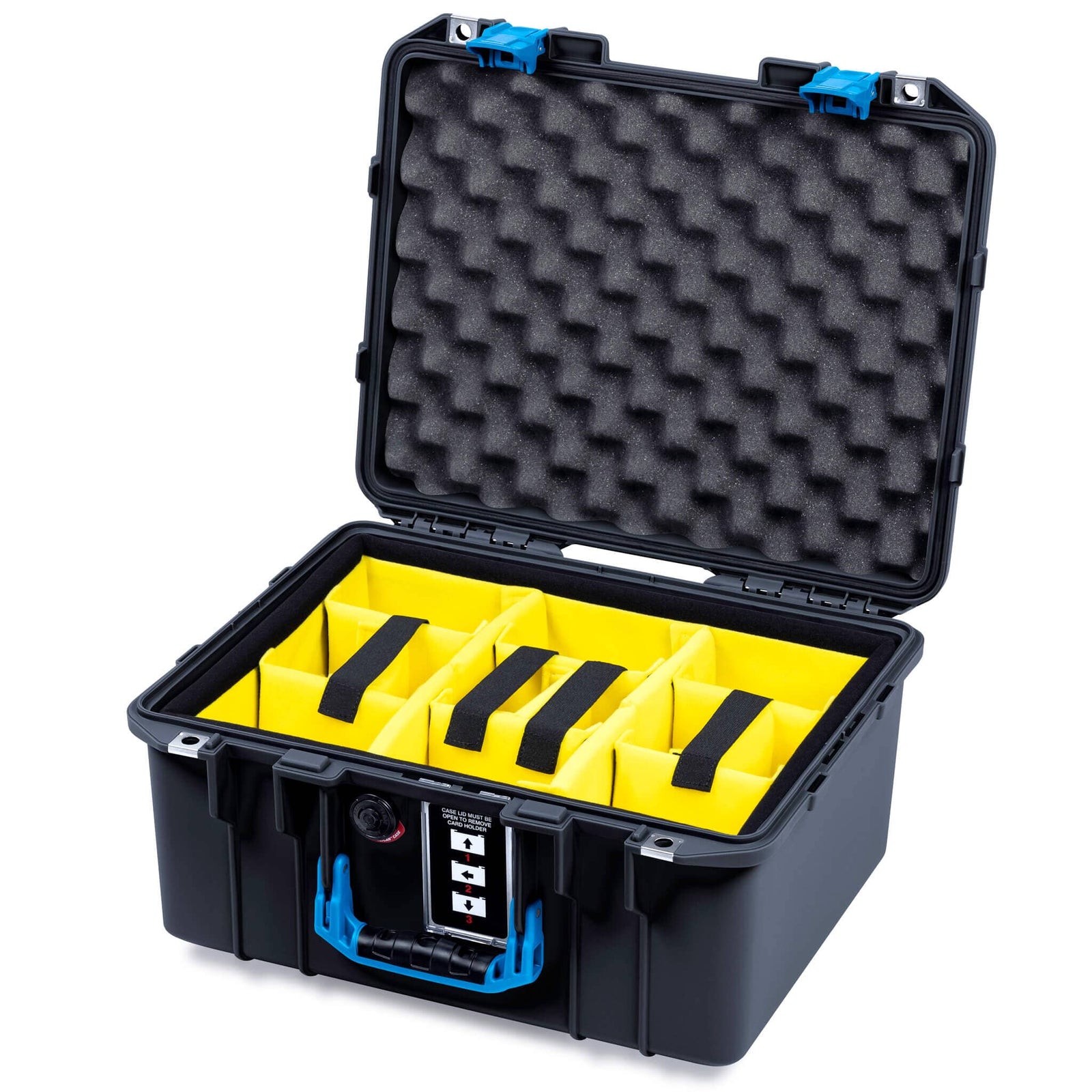 Pelican 1507 Air Case, Black with Blue Handle & Latches Yellow Padded Microfiber Dividers with Convolute Lid Foam ColorCase 015070-0010-110-121