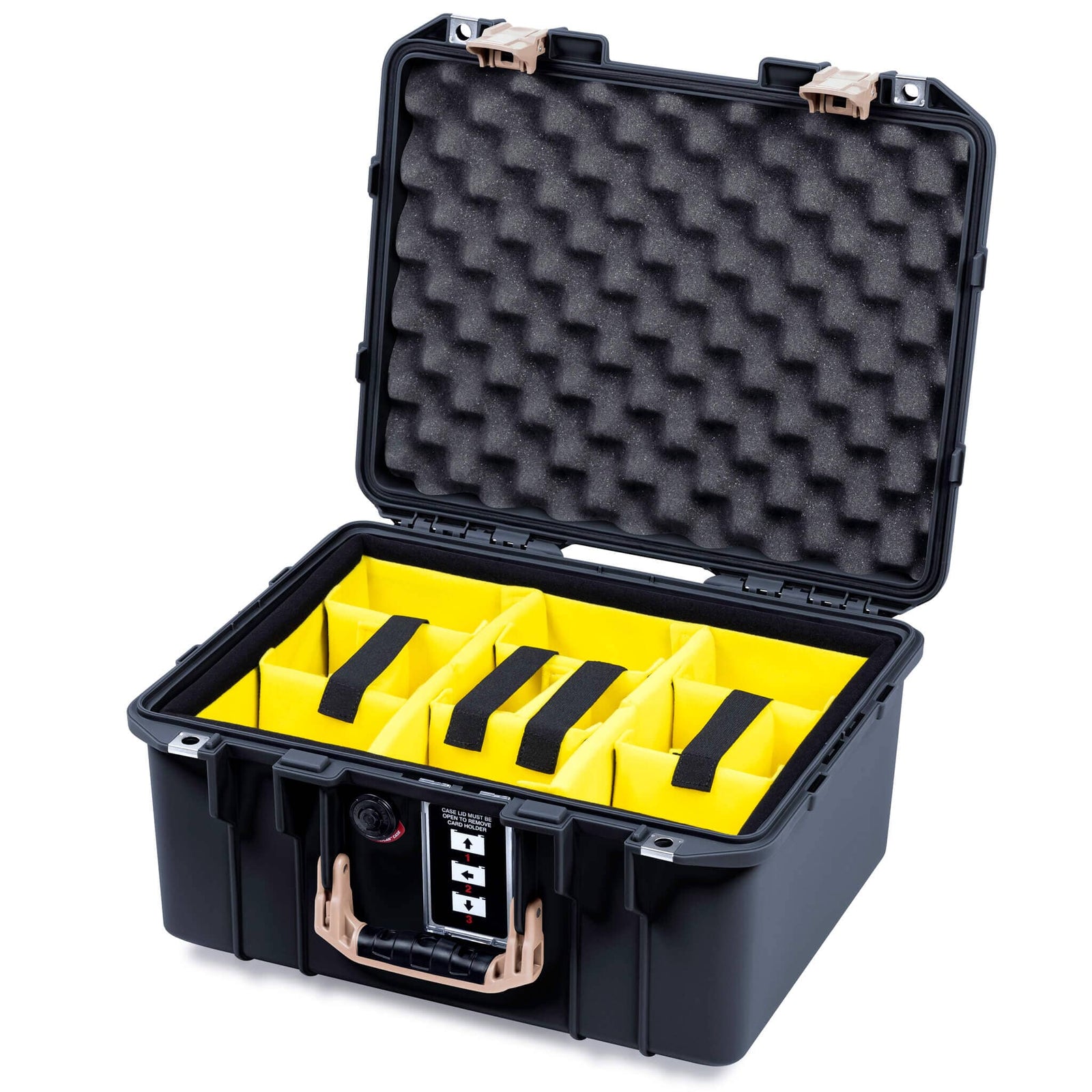 Pelican 1507 Air Case, Black with Desert Tan Handle & Latches Yellow Padded Microfiber Dividers with Convolute Lid Foam ColorCase 015070-0010-110-311