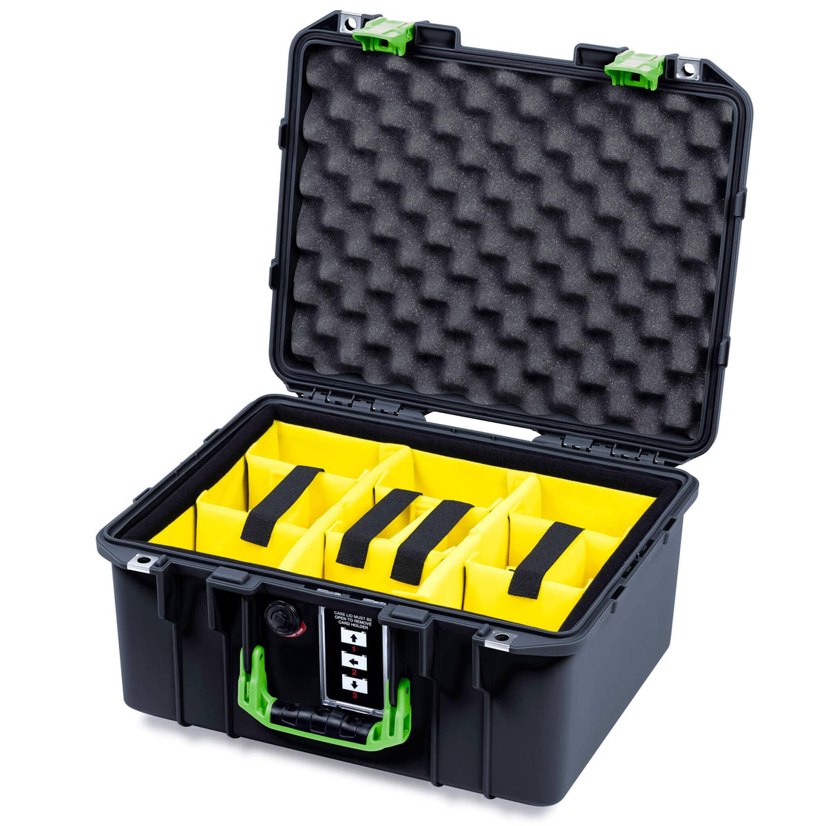 Pelican 1507 Air Case, Black with Lime Green Handle &amp; Latches Yellow Padded Microfiber Dividers with Convolute Lid Foam ColorCase 015070-0010-110-301