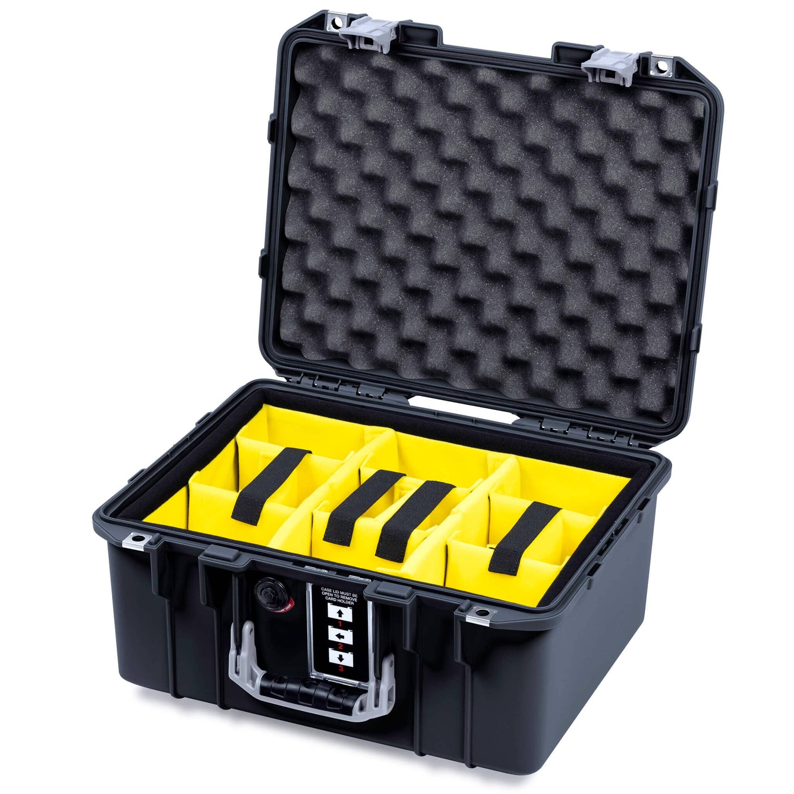 Pelican 1507 Air Case, Black with Silver Handle & Latches Yellow Padded Microfiber Dividers with Convolute Lid Foam ColorCase 015070-0010-110-181
