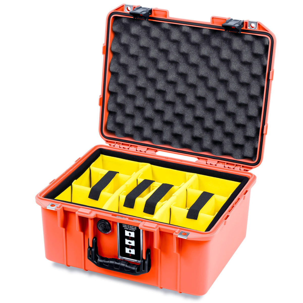 Pelican 1507 Air Case, Orange with Black Handle &amp; Latches Yellow Padded Microfiber Dividers with Convolute Lid Foam ColorCase 015070-0010-150-111