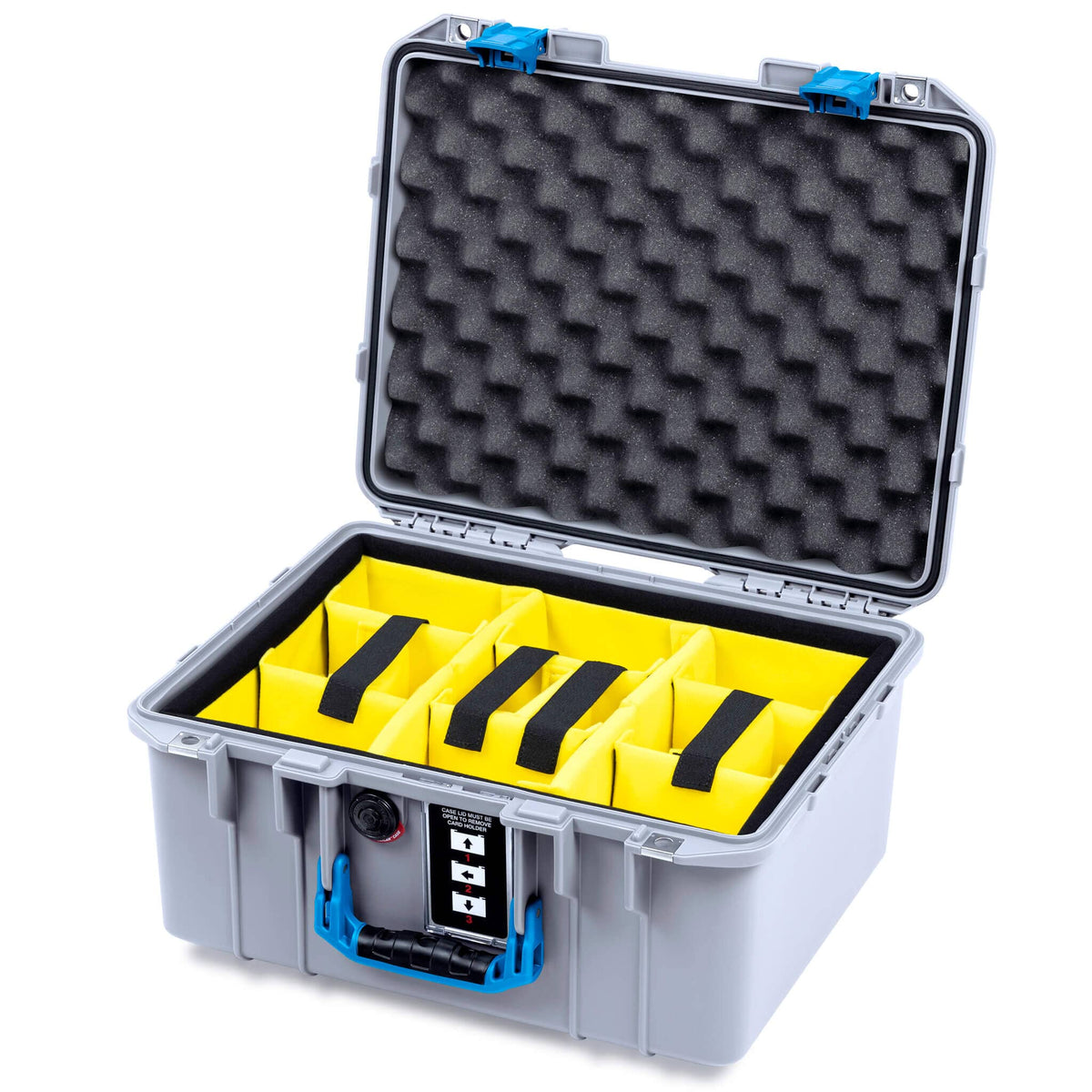 Pelican 1507 Air Case, Silver with Blue Handle &amp; Latches Yellow Padded Microfiber Dividers with Convolute Lid Foam ColorCase 015070-0010-180-121