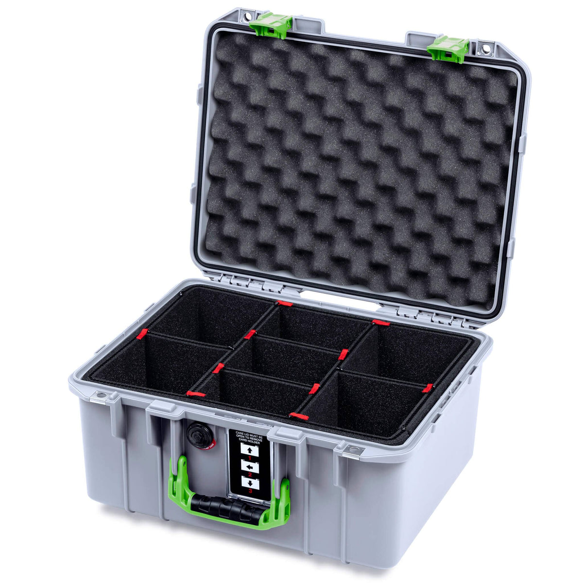 Pelican 1507 Air Case, Silver with Lime Green Handle &amp; Latches TrekPak Divider System with Convolute Lid Foam ColorCase 015070-0020-180-301