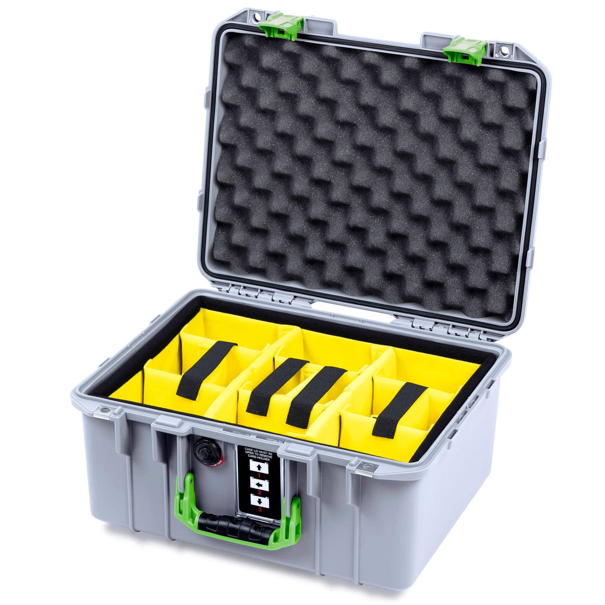 Pelican 1507 Air Case, Silver with Lime Green Handle &amp; Latches Yellow Padded Microfiber Dividers with Convolute Lid Foam ColorCase 015070-0010-180-301