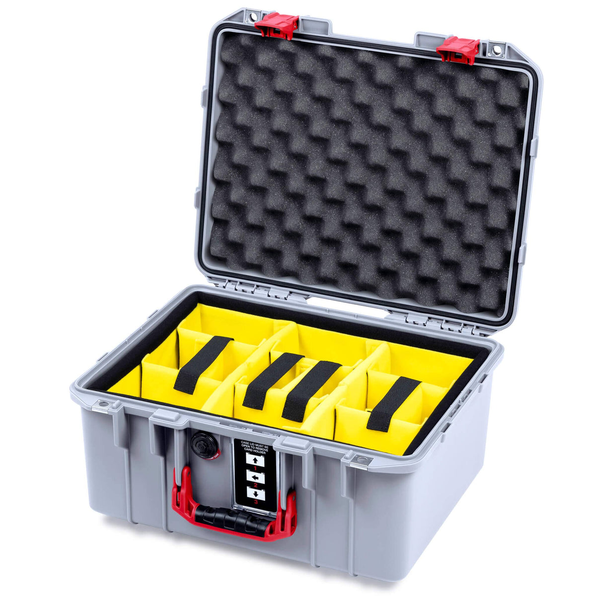 Pelican 1507 Air Case, Silver with Red Handle &amp; Latches Yellow Padded Microfiber Dividers with Convolute Lid Foam ColorCase 015070-0010-180-321