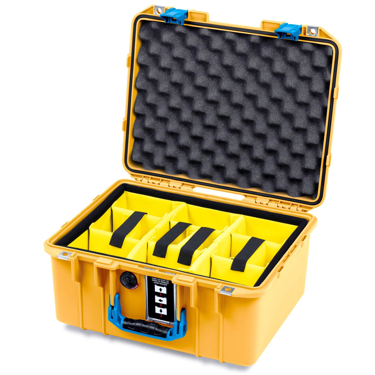 Pelican 1507 Air Case, Yellow with Blue Handle &amp; Latches Yellow Padded Microfiber Dividers with Convolute Lid Foam ColorCase 015070-0010-240-121