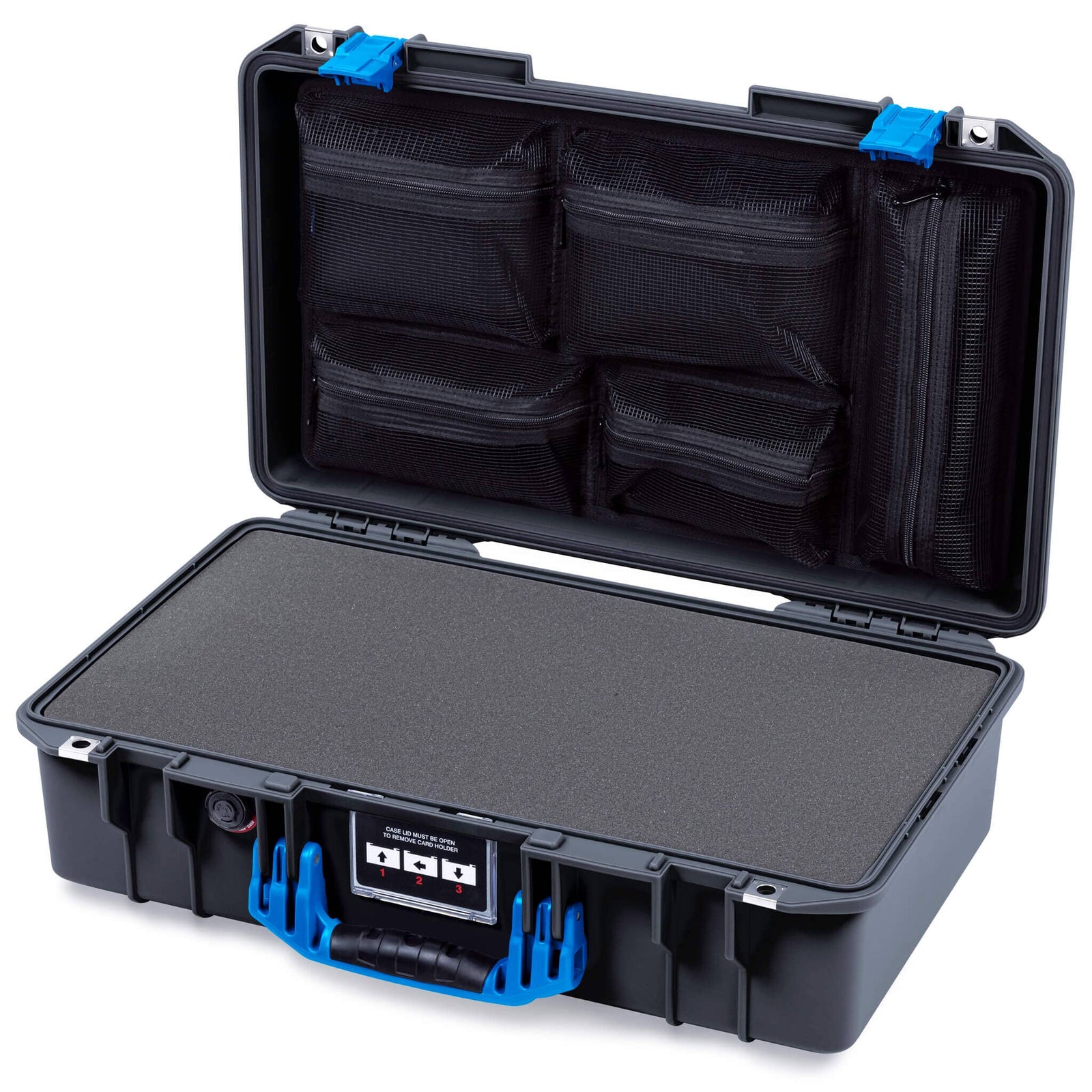 Pelican 1525 Air Case, Black with Blue Handle & Latches Pick & Pluck Foam with Mesh Lid Organizer ColorCase 015250-0101-110-121