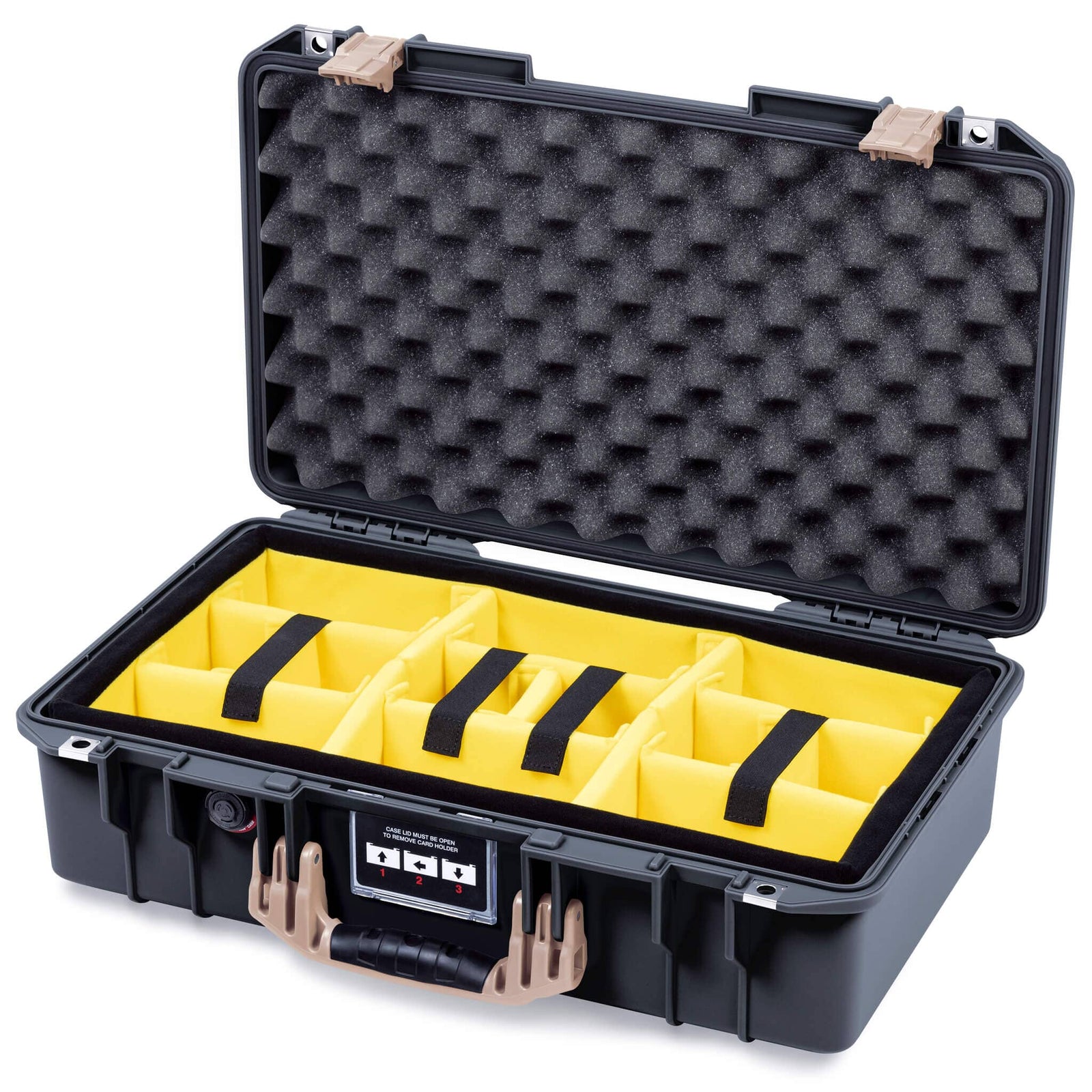 Pelican 1525 Air Case, Black with Desert Tan Handle & Latches Yellow Padded Microfiber Dividers with Convolute Lid Foam ColorCase 015250-0010-110-311