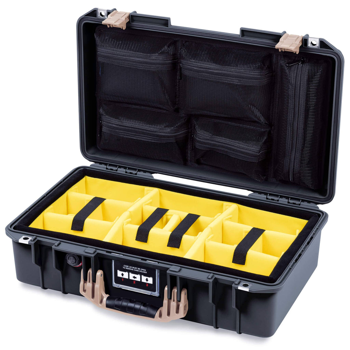Pelican 1525 Air Case, Black with Desert Tan Handle & Latches Yellow Padded Microfiber Dividers with Mesh Lid Organizer ColorCase 015250-0110-110-311
