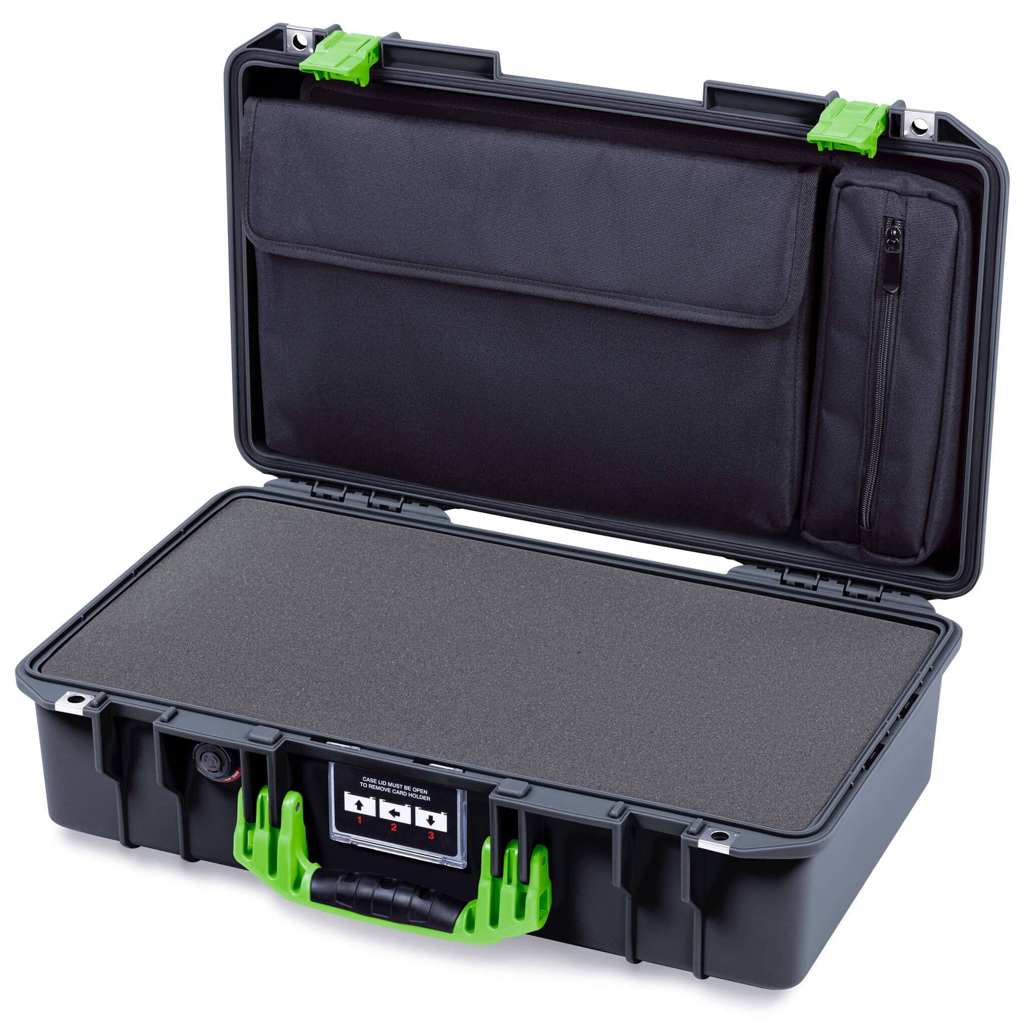 Pelican 1525 Air Case, Black with Lime Green Handle & Latches Pick & Pluck Foam with Laptop Computer Pouch ColorCase 015250-0201-110-301
