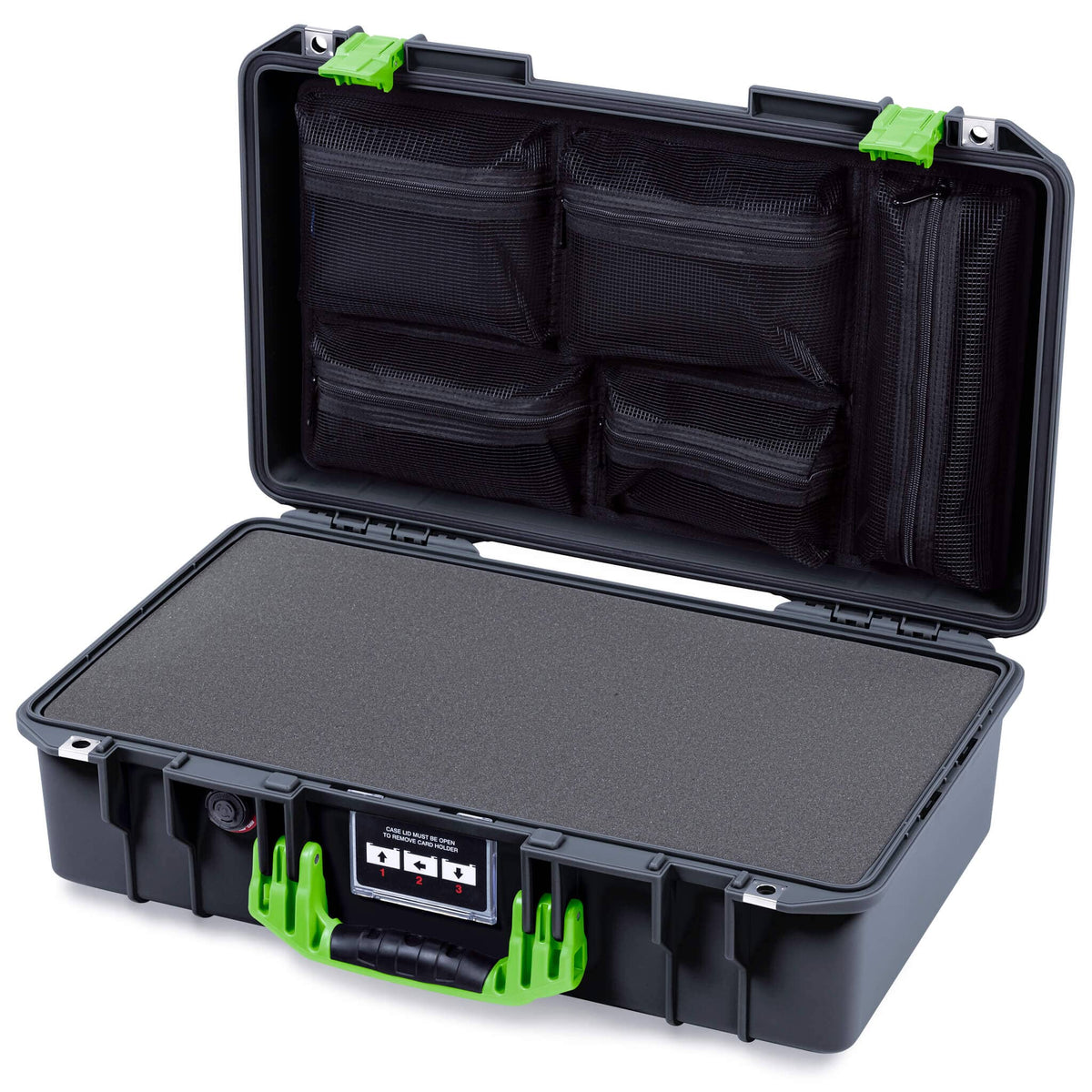Pelican 1525 Air Case, Black with Lime Green Handle & Latches Pick & Pluck Foam with Mesh Lid Organizer ColorCase 015250-0101-110-301