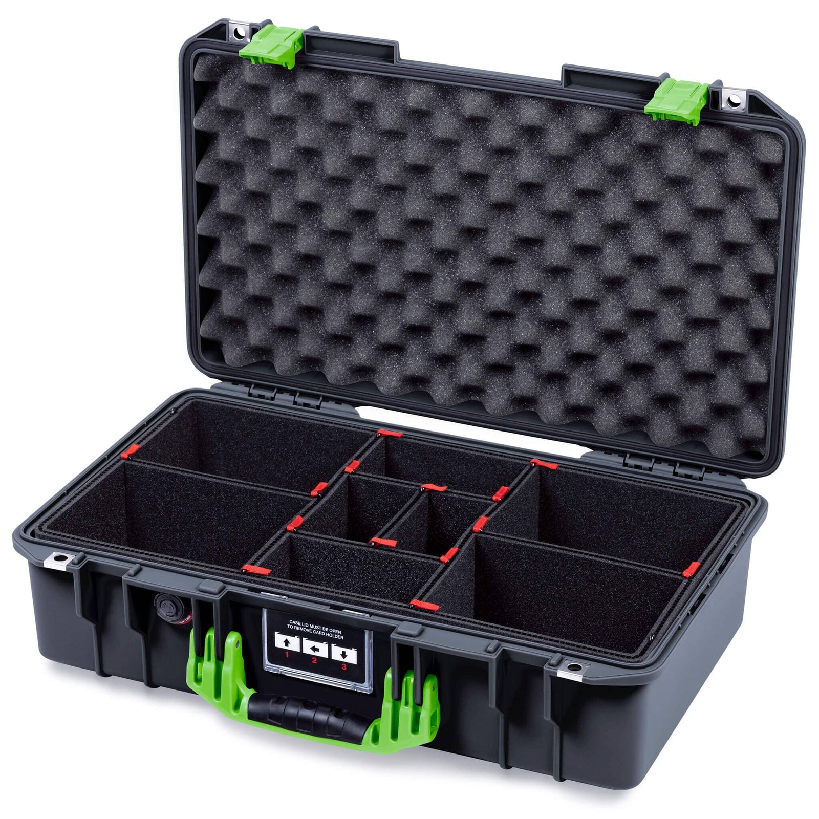 Pelican 1525 Air Case, Black with Lime Green Handle & Latches TrekPak Divider System with Convolute Lid Foam ColorCase 015250-0020-110-301