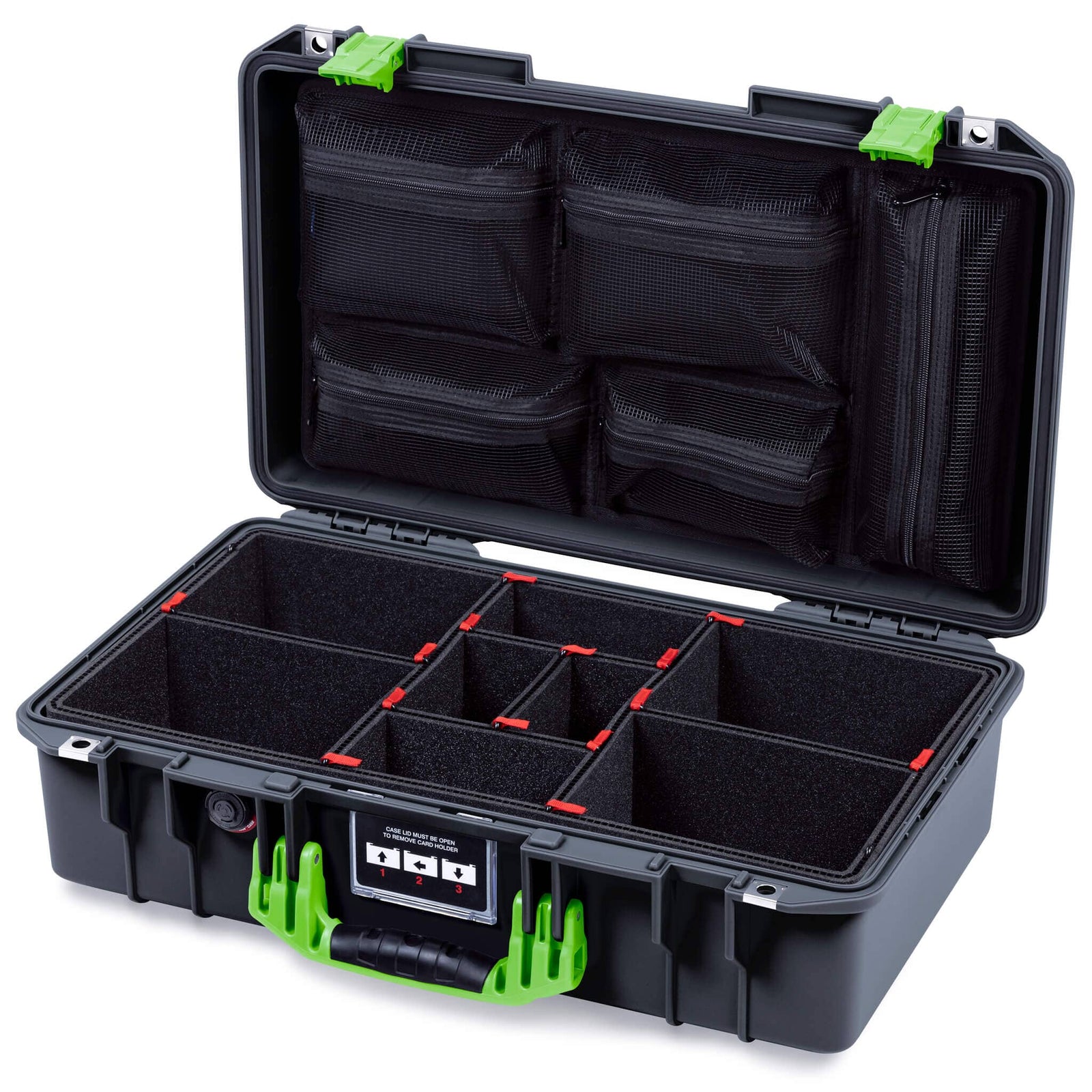 Pelican 1525 Air Case, Black with Lime Green Handle & Latches TrekPak Divider System with Mesh Lid Organizer ColorCase 015250-0120-110-301