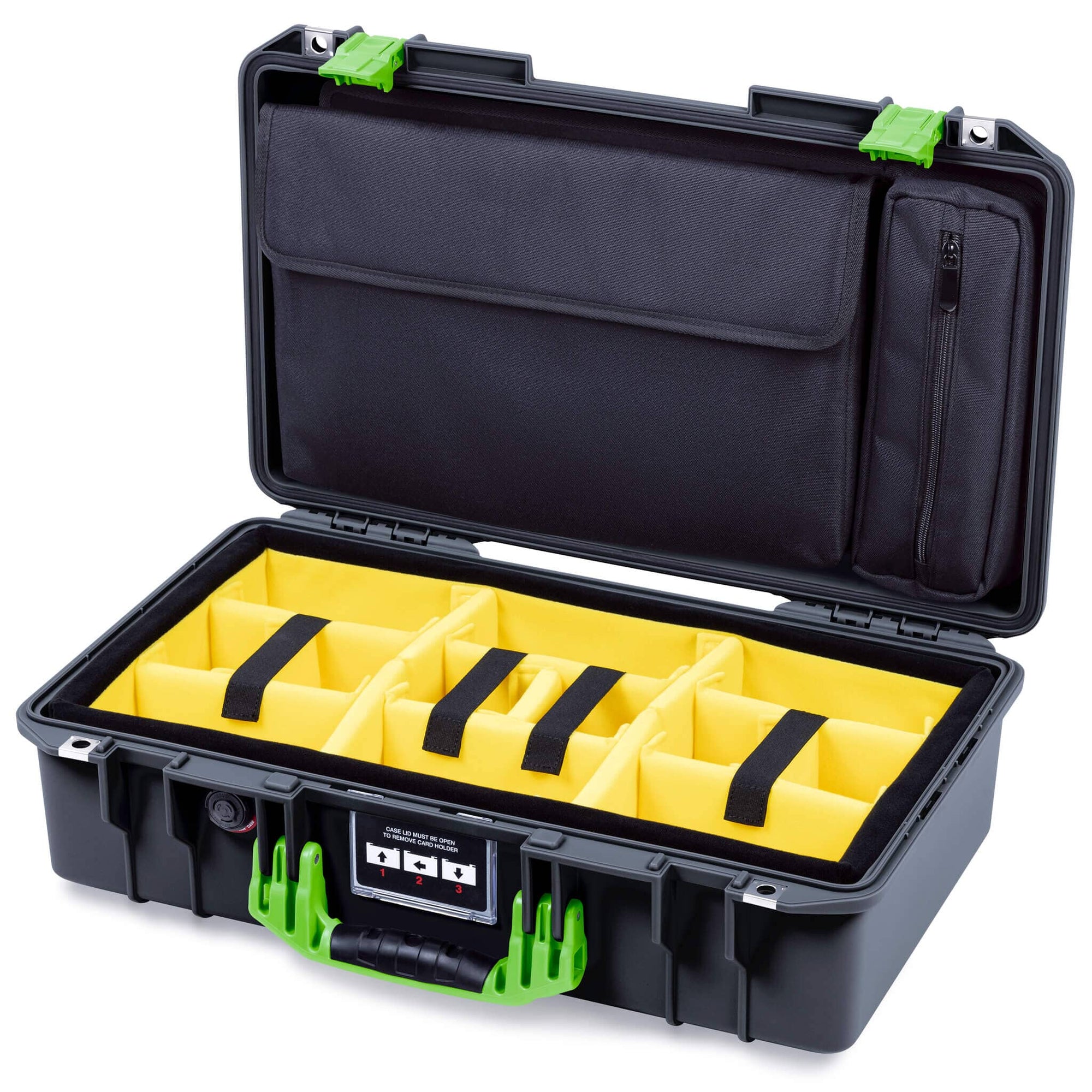 Pelican 1525 Air Case, Black with Lime Green Handle & Latches Yellow Padded Microfiber Dividers with Laptop Computer Pouch ColorCase 015250-0210-110-301