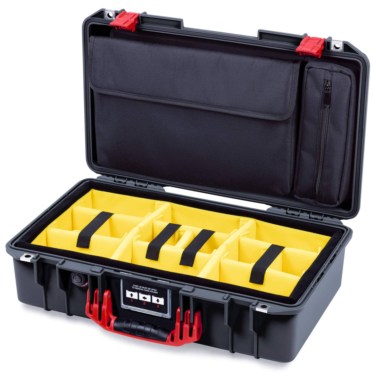 Pelican 1525 Air Case, Black with Red Handle &amp; Latches Yellow Padded Microfiber Dividers with Laptop Computer Pouch ColorCase 015250-0210-110-321