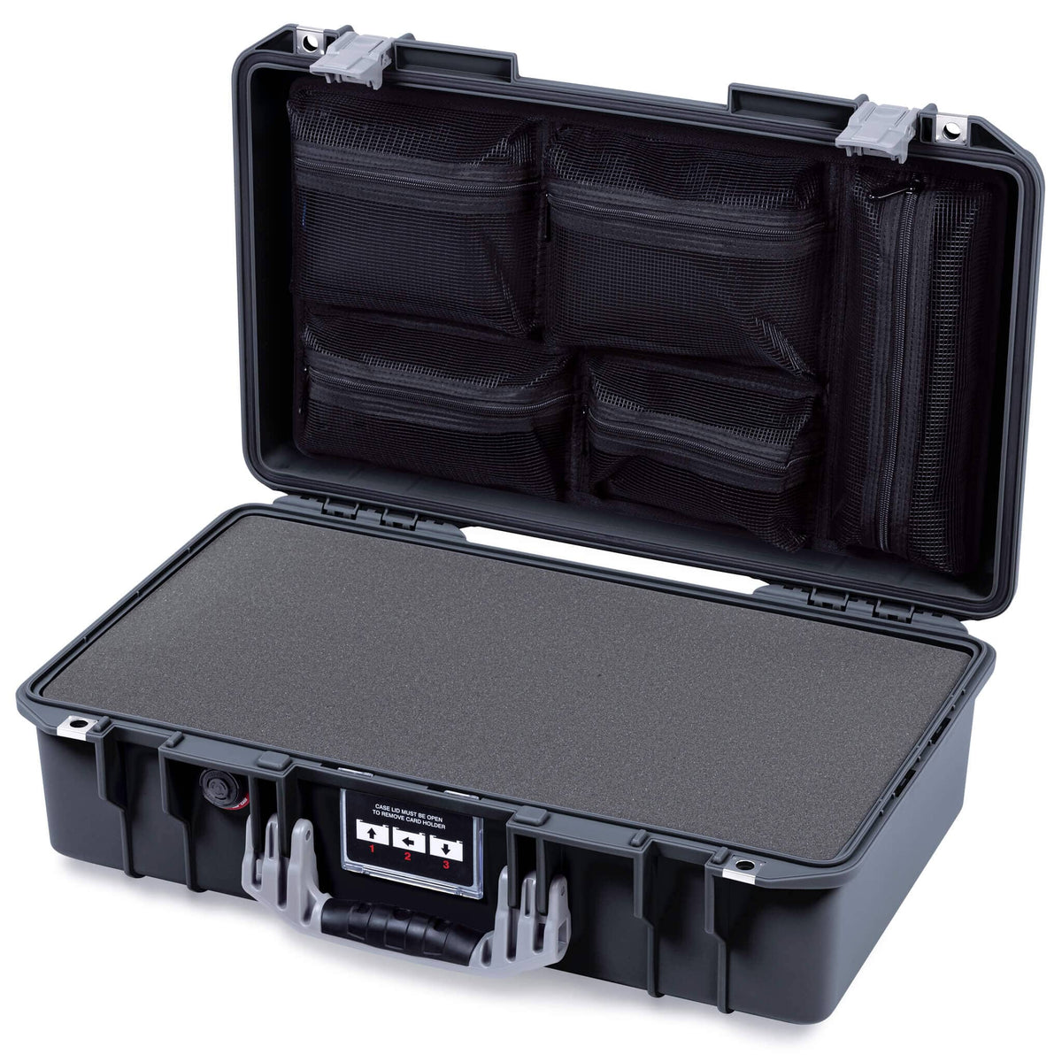 Pelican 1525 Air Case, Black with Silver Handle & Latches Pick & Pluck Foam with Mesh Lid Organizer ColorCase 015250-0101-110-181
